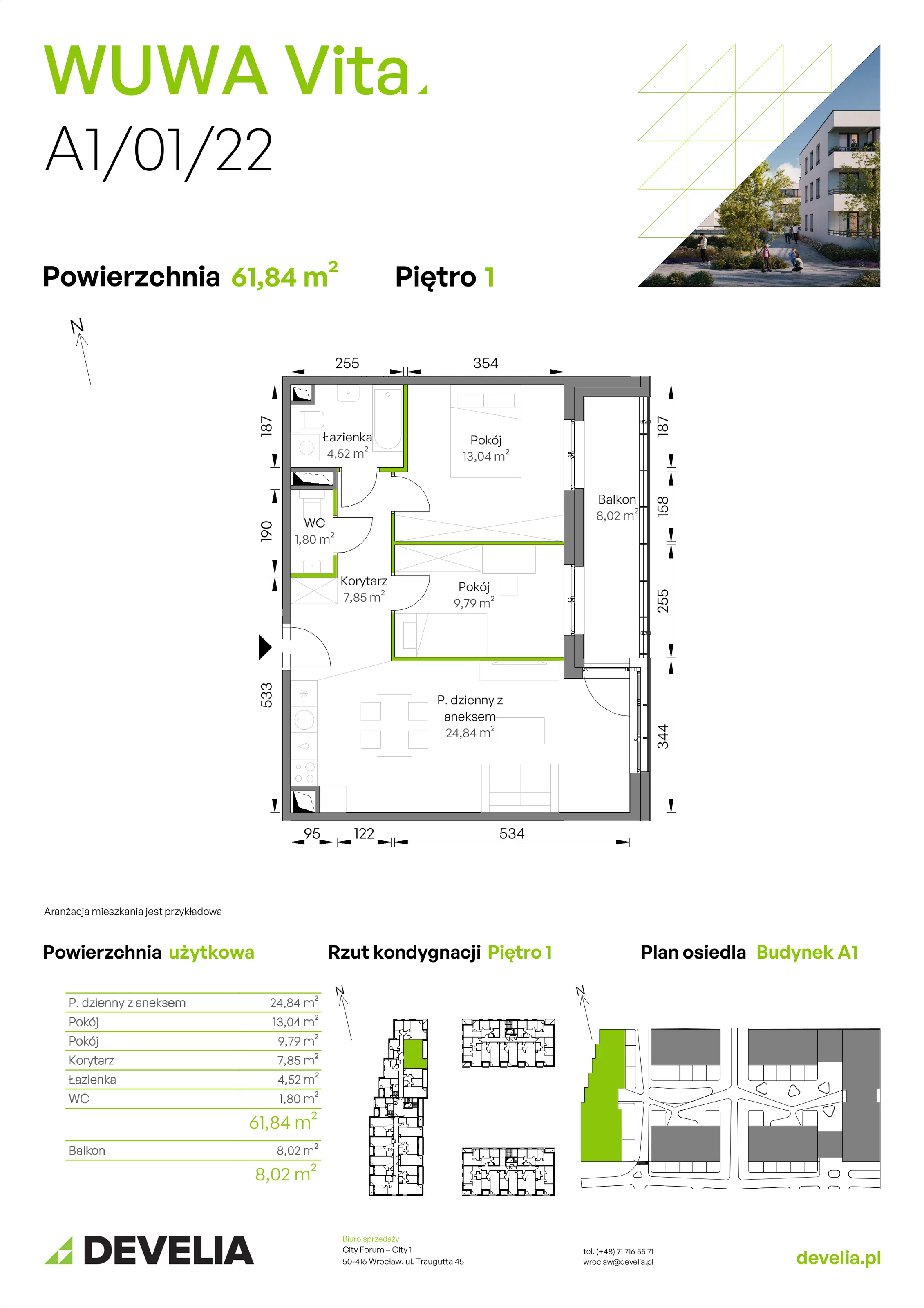 3 pokoje, mieszkanie 61,84 m², piętro 1, oferta nr A1/01/22, WUWA Vita II, Wrocław, Żerniki, Fabryczna, ul. T. Brzozy