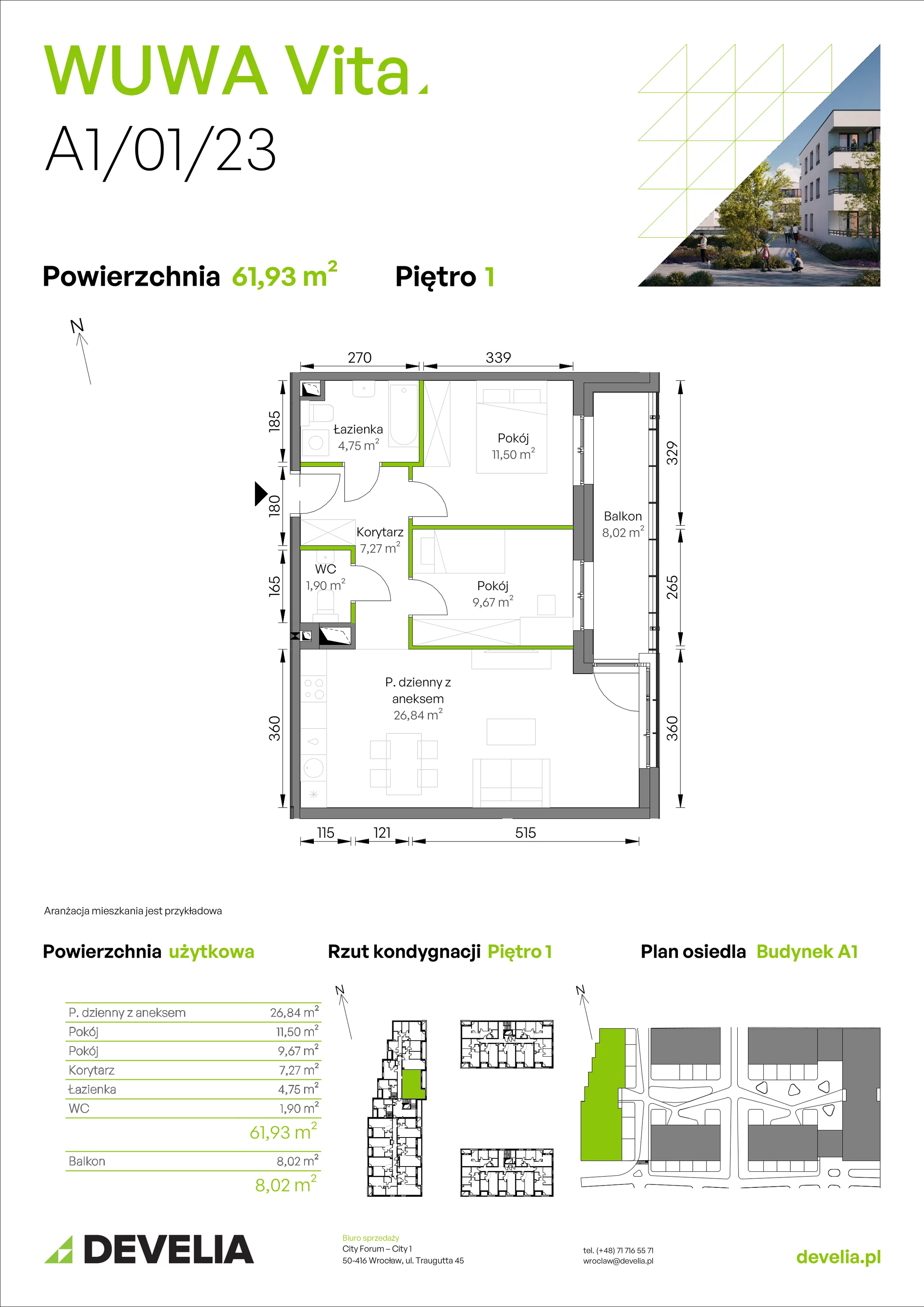 3 pokoje, mieszkanie 61,93 m², piętro 1, oferta nr A1/01/23, WUWA Vita II, Wrocław, Żerniki, Fabryczna, ul. T. Brzozy
