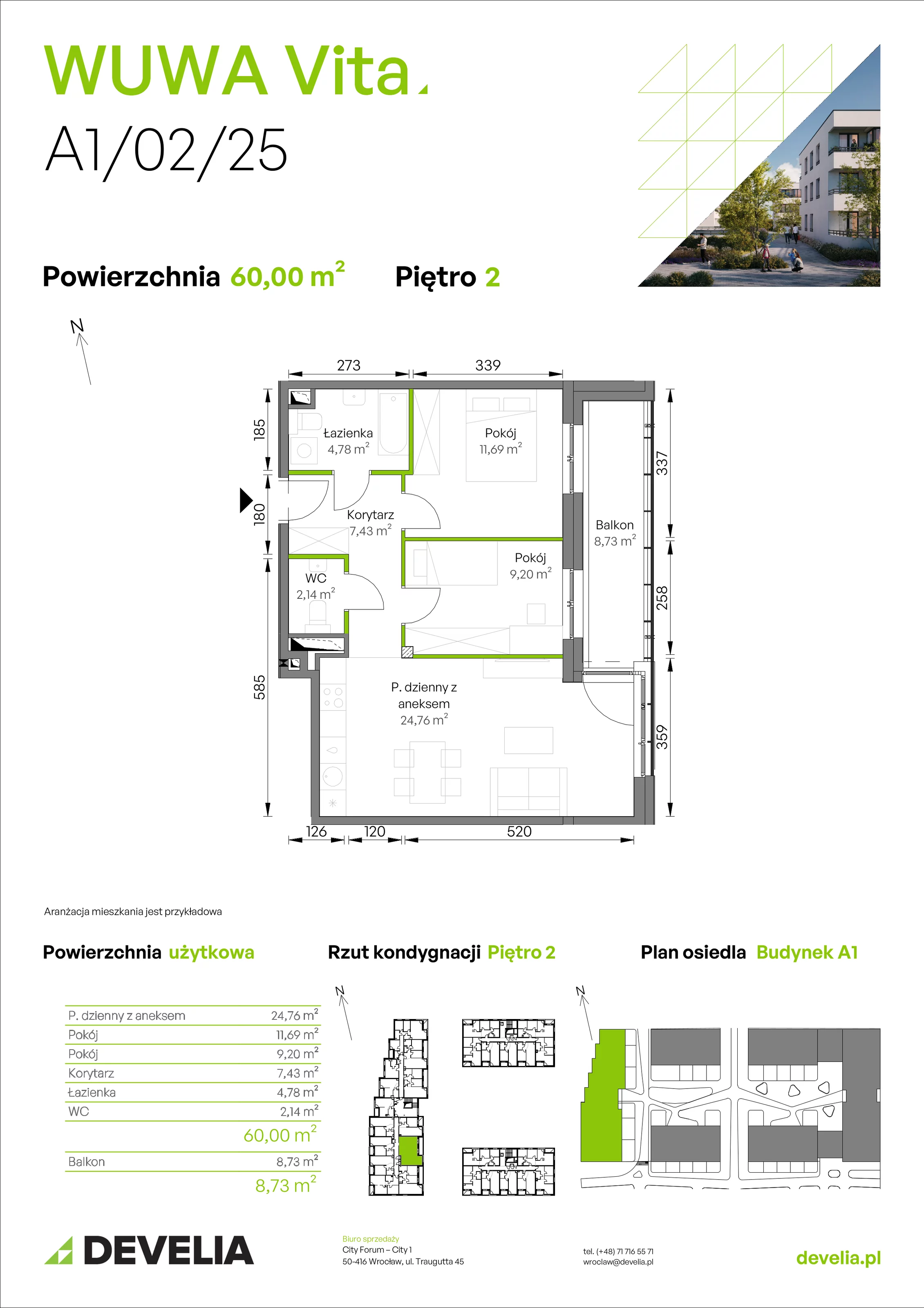 3 pokoje, mieszkanie 60,00 m², piętro 2, oferta nr A1/02/25, WUWA Vita II, Wrocław, Żerniki, Fabryczna, ul. T. Brzozy