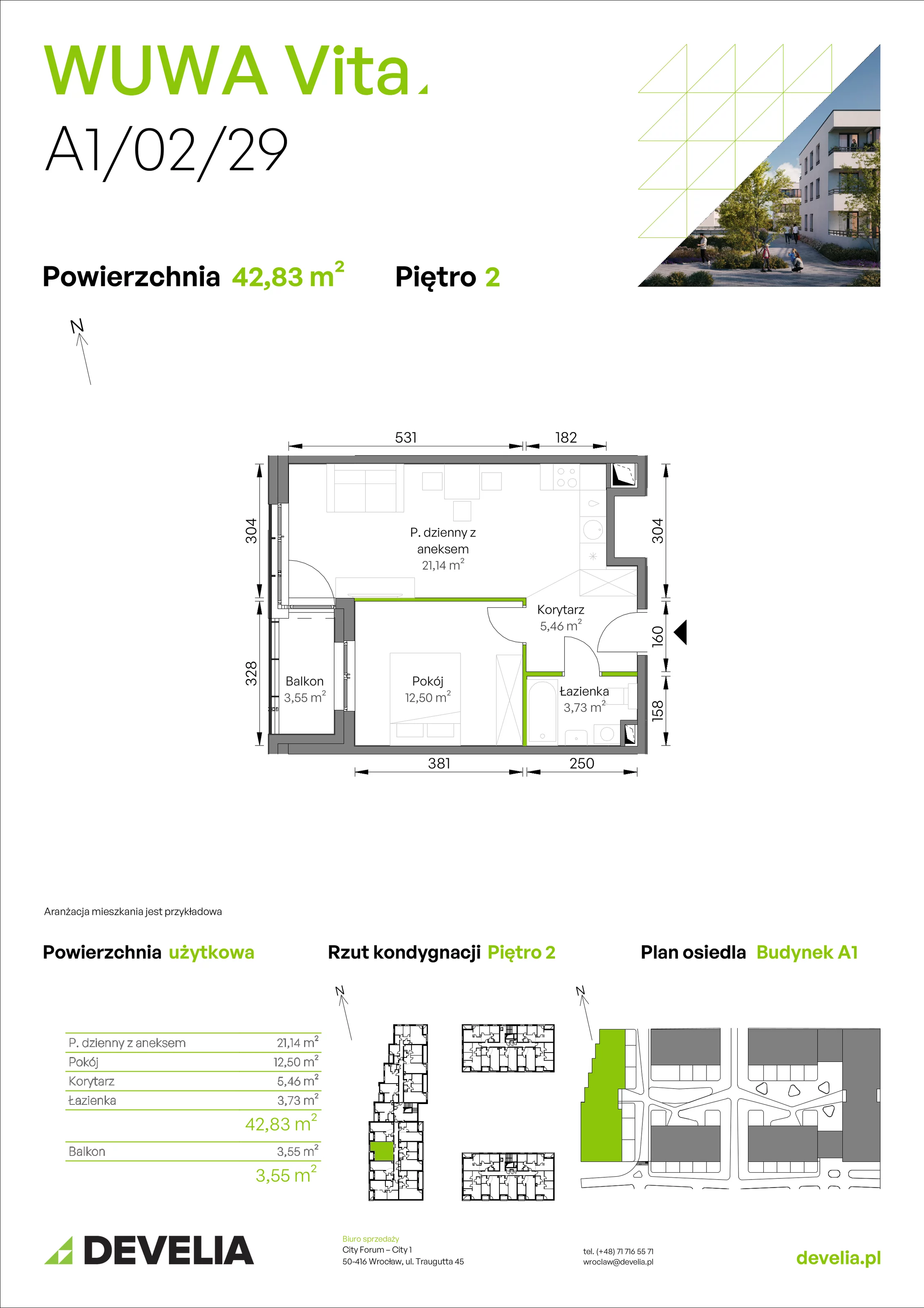 2 pokoje, mieszkanie 42,83 m², piętro 2, oferta nr A1/02/29, WUWA Vita II, Wrocław, Żerniki, Fabryczna, ul. T. Brzozy