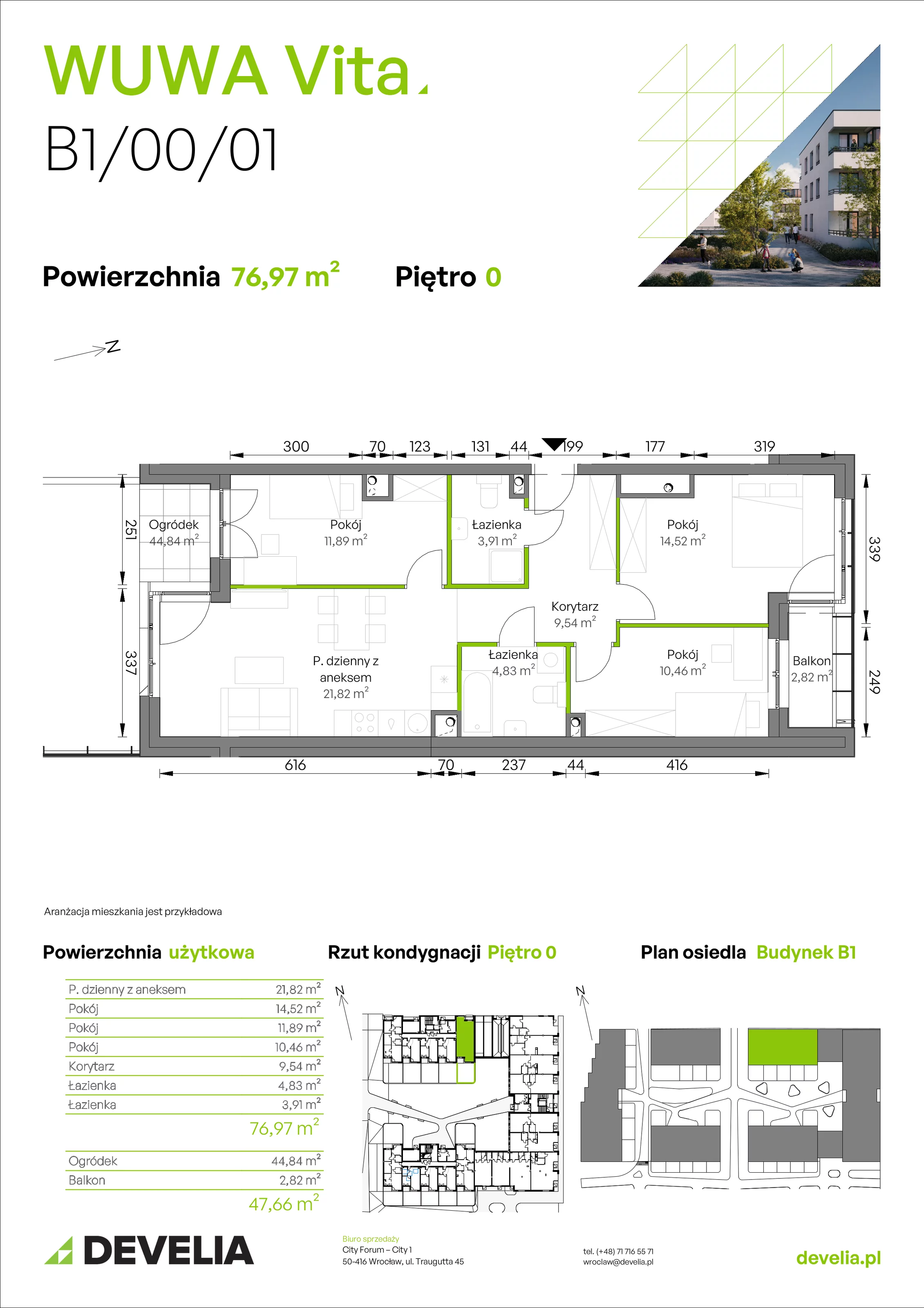 4 pokoje, mieszkanie 76,97 m², parter, oferta nr B1/00/01, WUWA Vita II, Wrocław, Żerniki, Fabryczna, ul. T. Brzozy