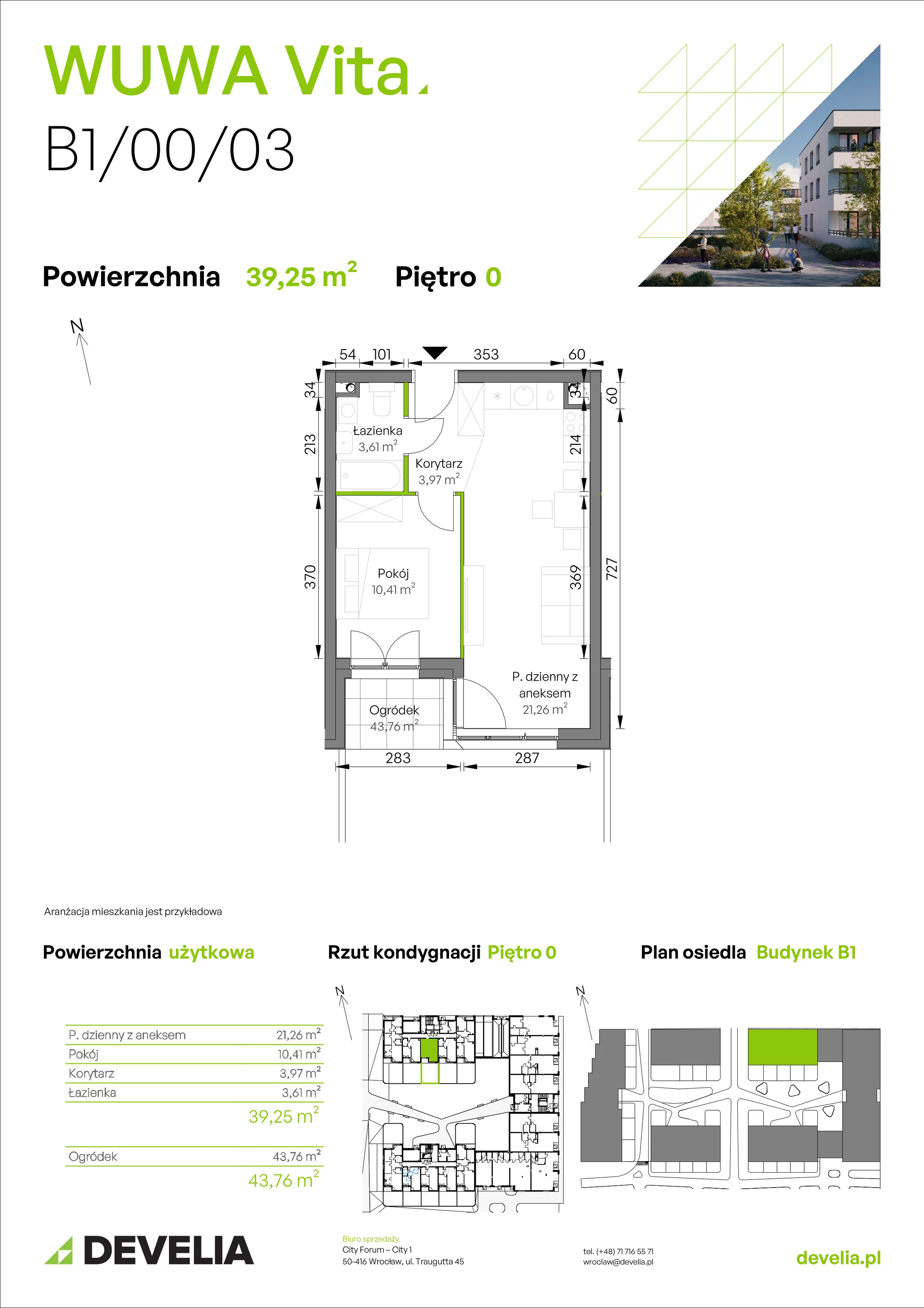 2 pokoje, mieszkanie 39,25 m², parter, oferta nr B1/00/03, WUWA Vita II, Wrocław, Żerniki, Fabryczna, ul. T. Brzozy