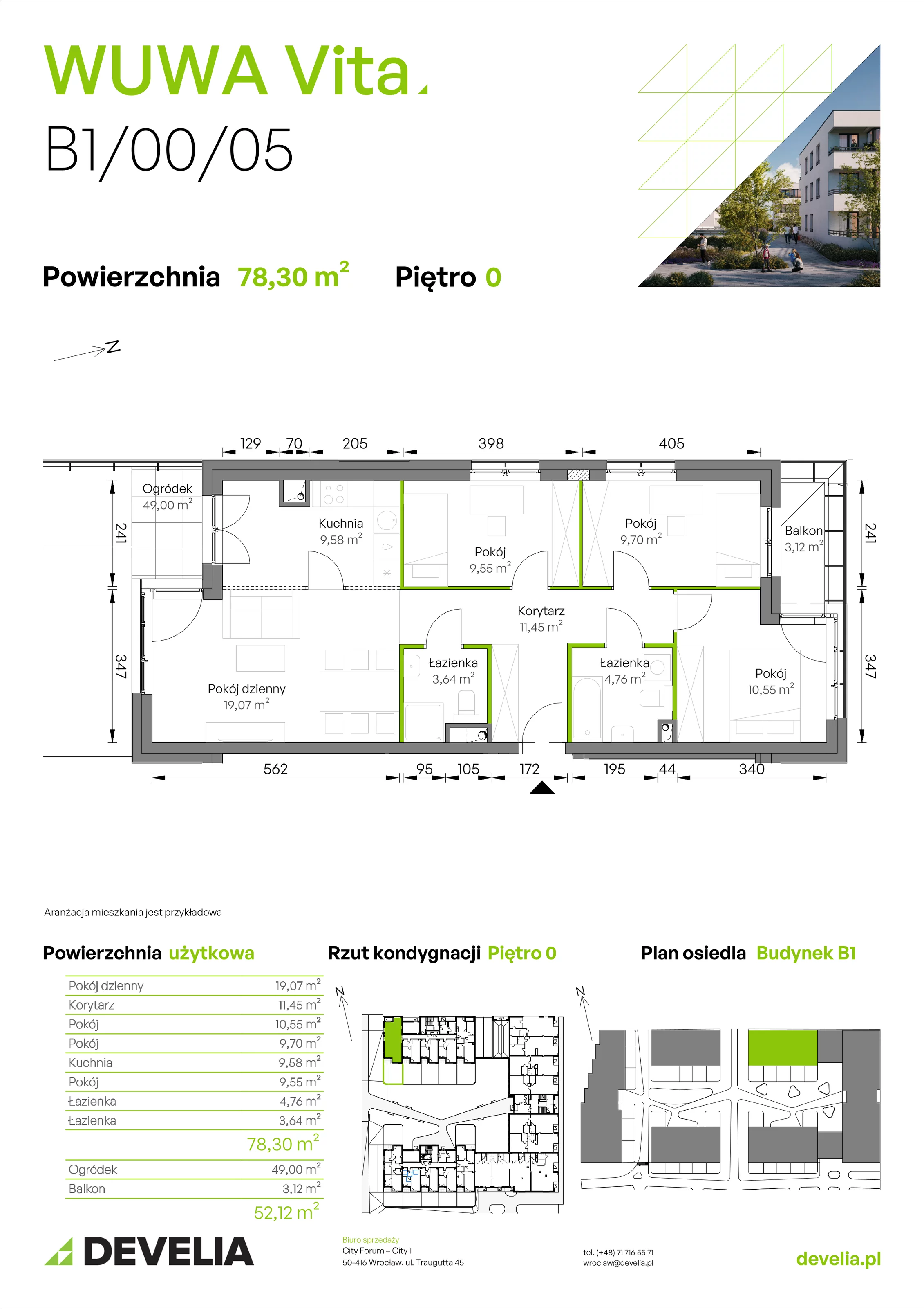 4 pokoje, mieszkanie 78,30 m², parter, oferta nr B1/00/05, WUWA Vita II, Wrocław, Żerniki, Fabryczna, ul. T. Brzozy