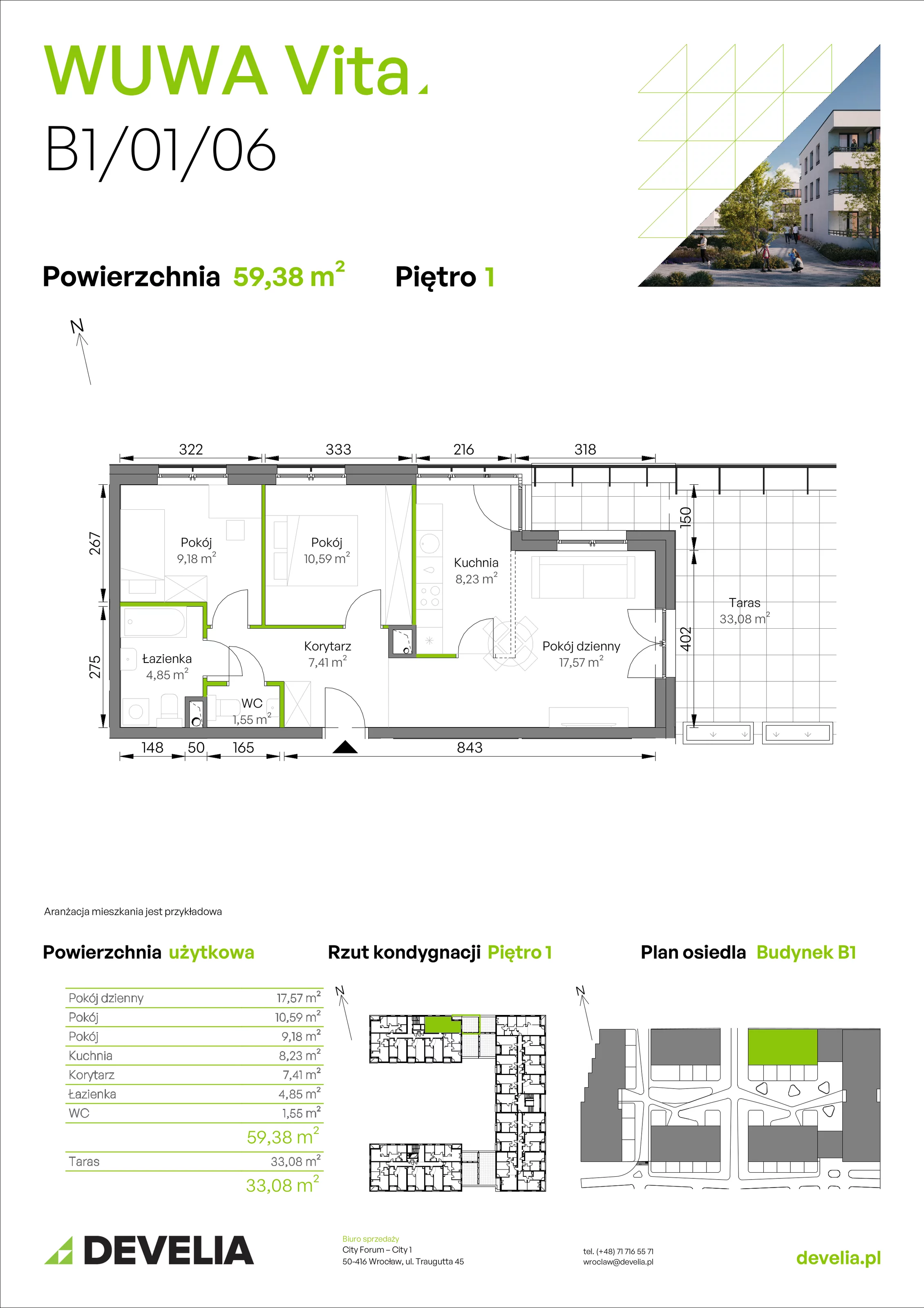 3 pokoje, mieszkanie 59,38 m², piętro 1, oferta nr B1/01/06, WUWA Vita II, Wrocław, Żerniki, Fabryczna, ul. T. Brzozy