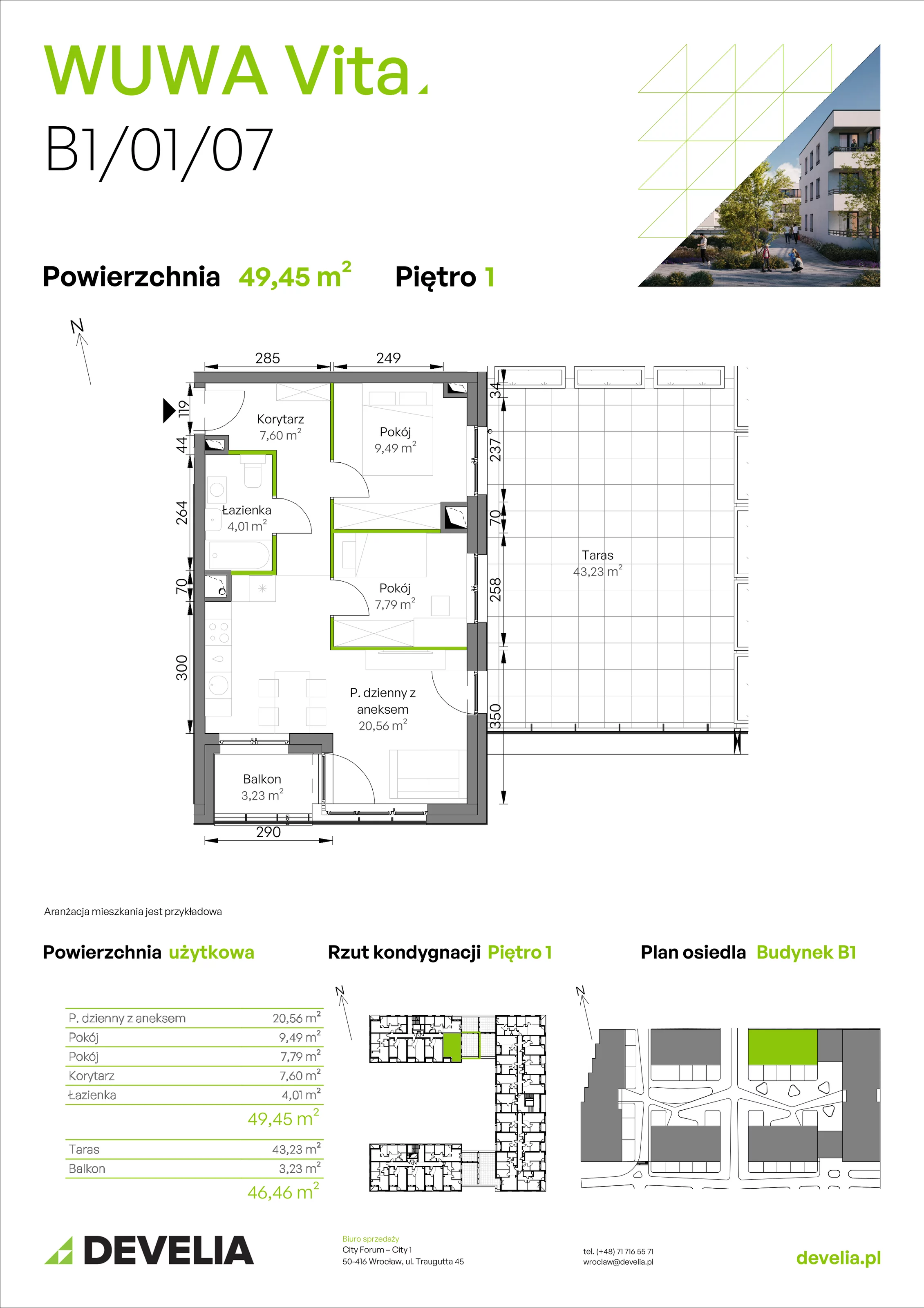 3 pokoje, mieszkanie 49,45 m², piętro 1, oferta nr B1/01/07, WUWA Vita II, Wrocław, Żerniki, Fabryczna, ul. T. Brzozy