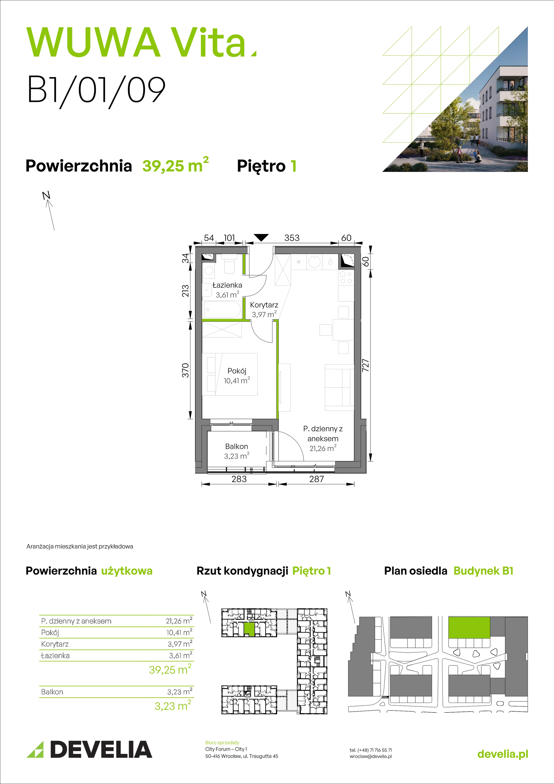2 pokoje, mieszkanie 39,25 m², piętro 1, oferta nr B1/01/09, WUWA Vita II, Wrocław, Żerniki, Fabryczna, ul. T. Brzozy