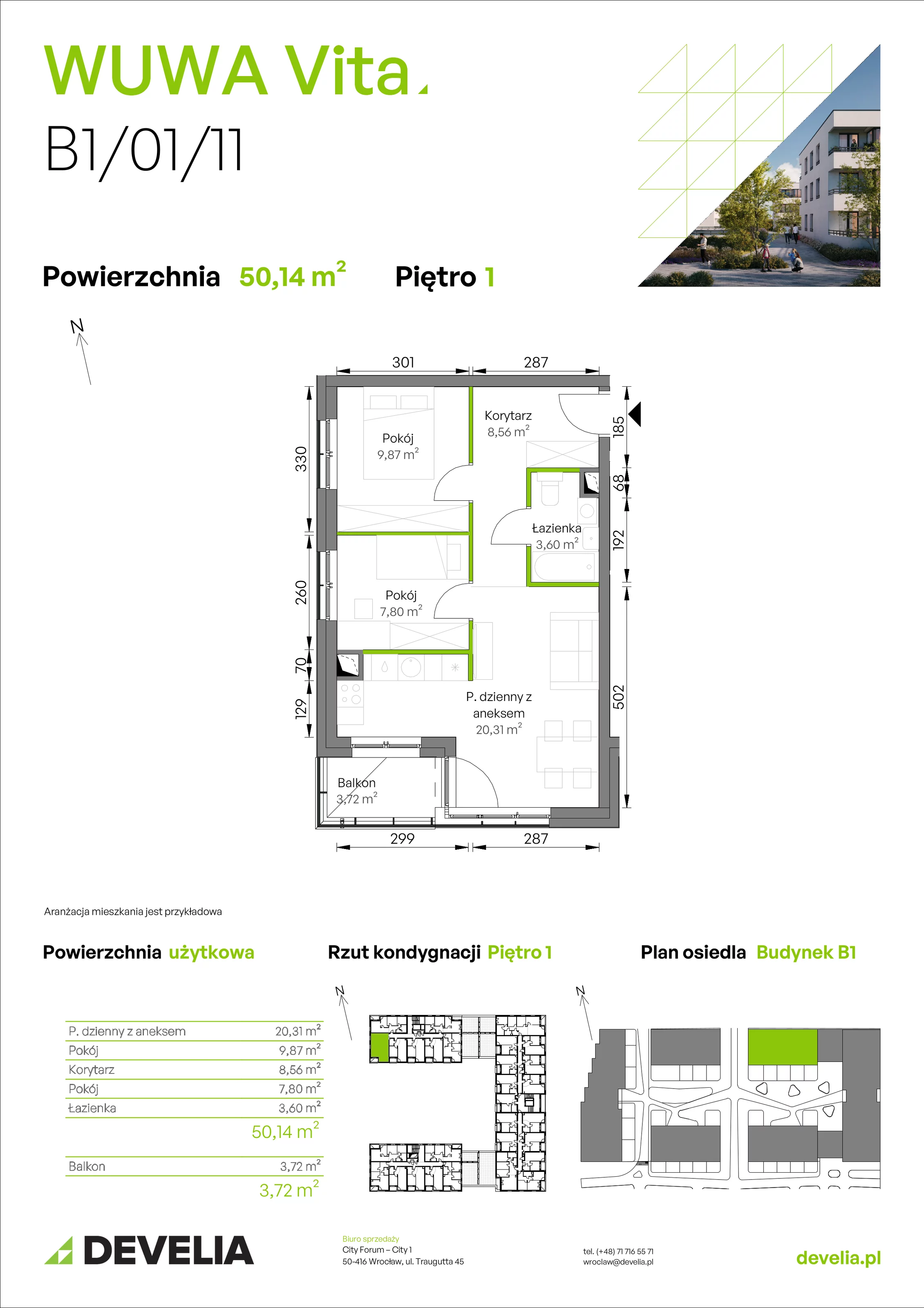 3 pokoje, mieszkanie 50,14 m², piętro 1, oferta nr B1/01/11, WUWA Vita II, Wrocław, Żerniki, Fabryczna, ul. T. Brzozy