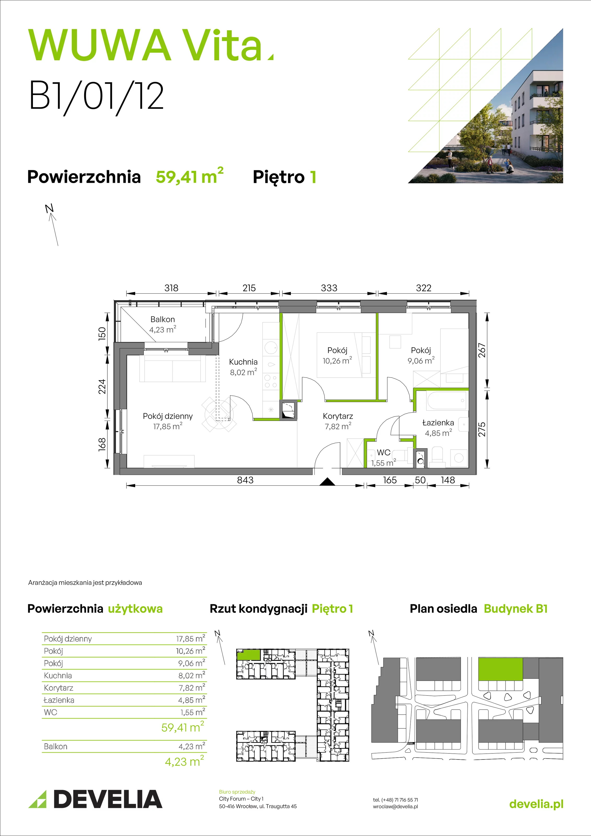 3 pokoje, mieszkanie 59,41 m², piętro 1, oferta nr B1/01/12, WUWA Vita II, Wrocław, Żerniki, Fabryczna, ul. T. Brzozy