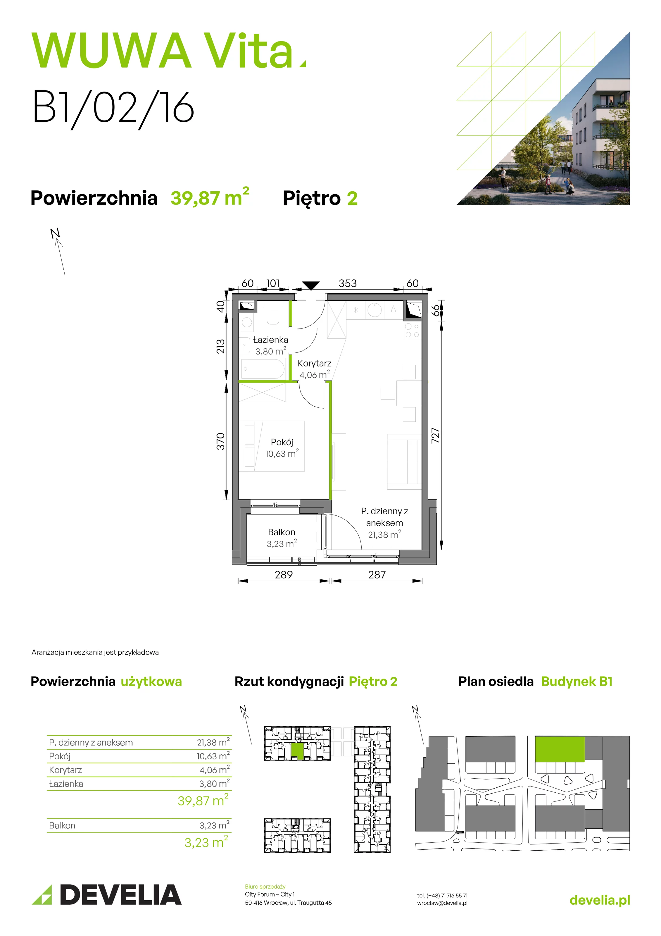 2 pokoje, mieszkanie 39,87 m², piętro 2, oferta nr B1/02/16, WUWA Vita II, Wrocław, Żerniki, Fabryczna, ul. T. Brzozy