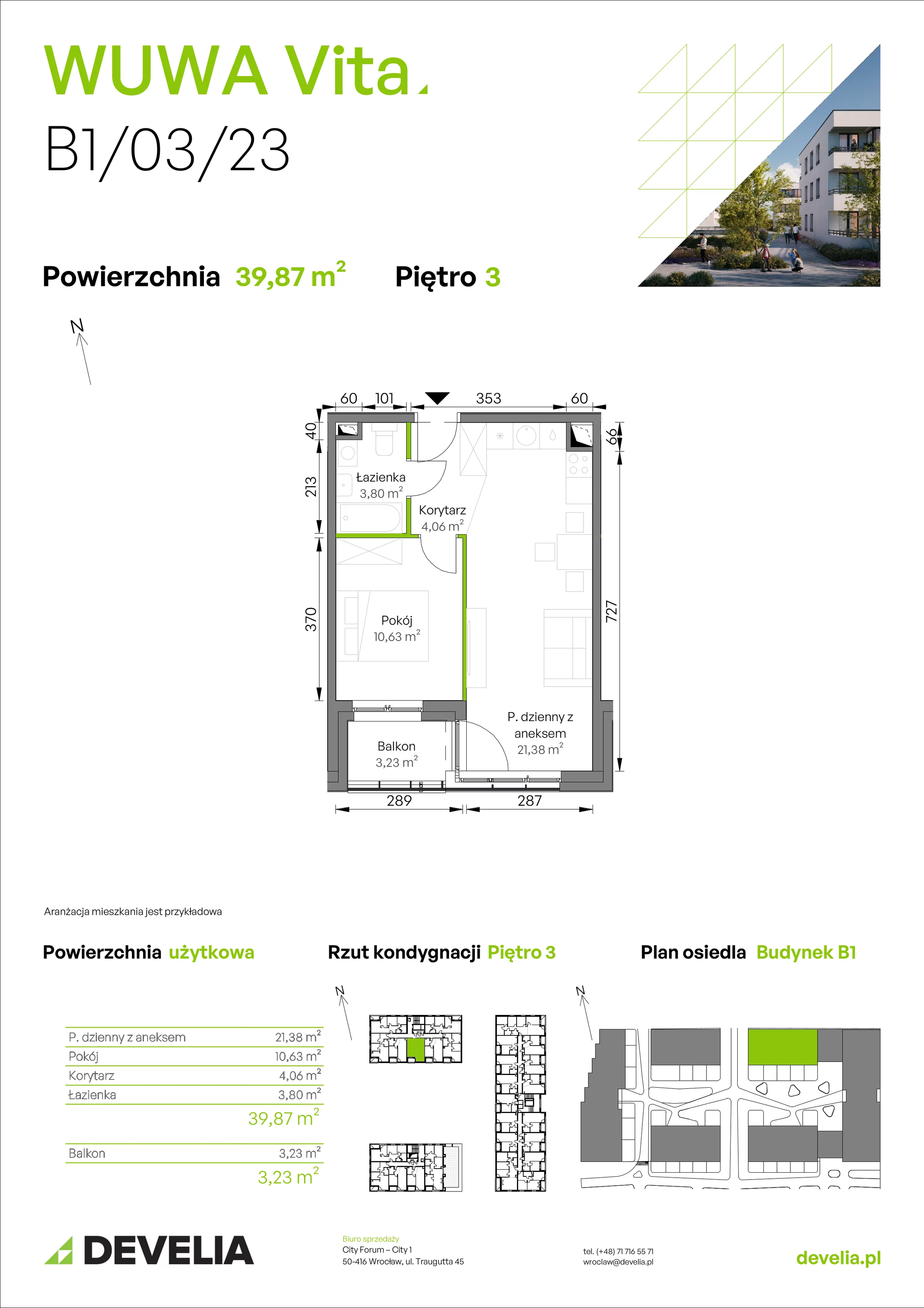 2 pokoje, mieszkanie 39,87 m², piętro 3, oferta nr B1/03/23, WUWA Vita II, Wrocław, Żerniki, Fabryczna, ul. T. Brzozy