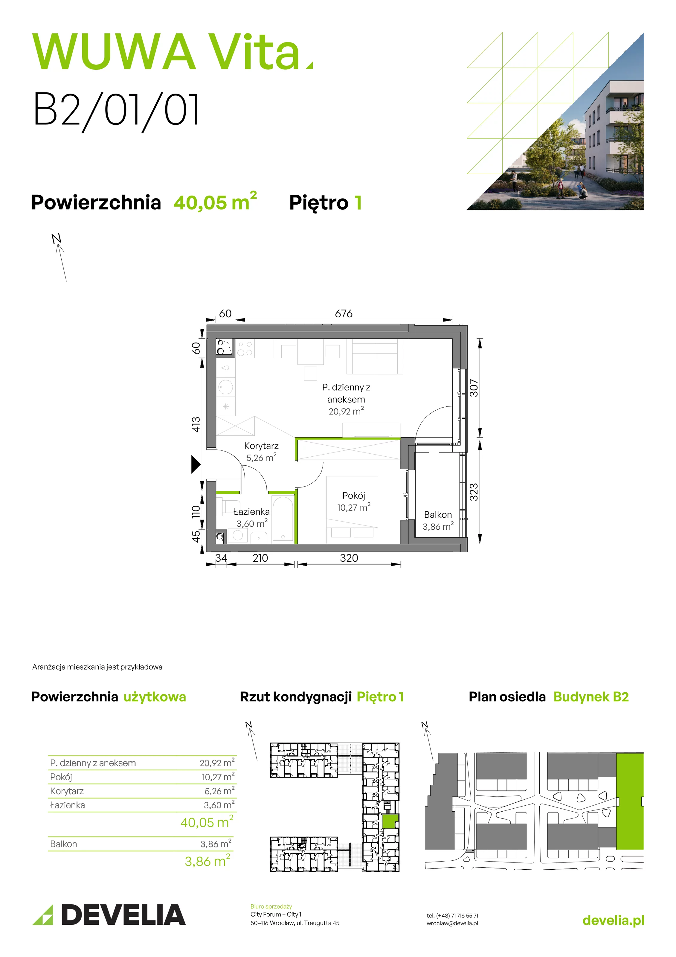 2 pokoje, mieszkanie 40,05 m², piętro 1, oferta nr B2/01/01, WUWA Vita II, Wrocław, Żerniki, Fabryczna, ul. T. Brzozy