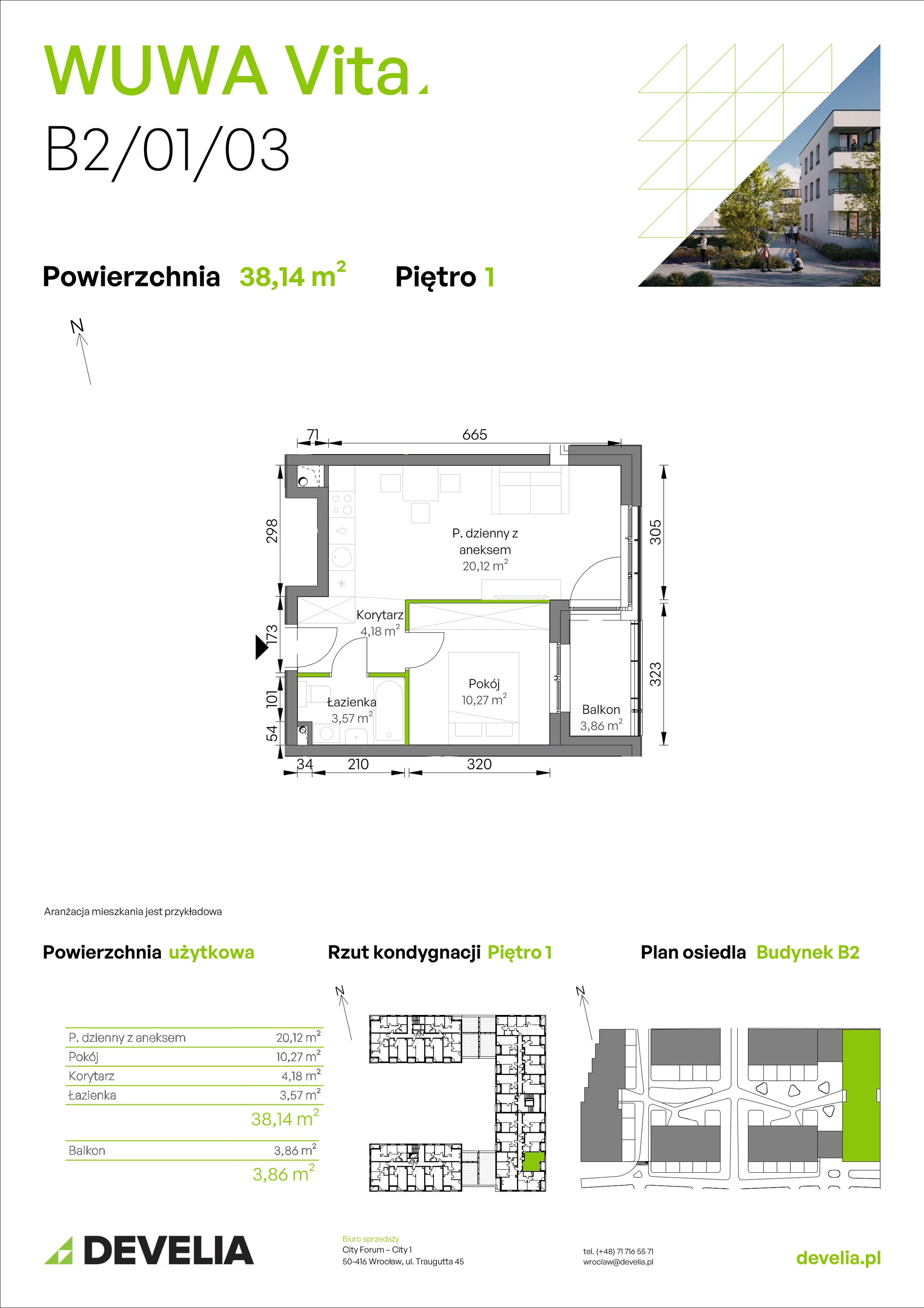 2 pokoje, mieszkanie 38,14 m², piętro 1, oferta nr B2/01/03, WUWA Vita II, Wrocław, Żerniki, Fabryczna, ul. T. Brzozy