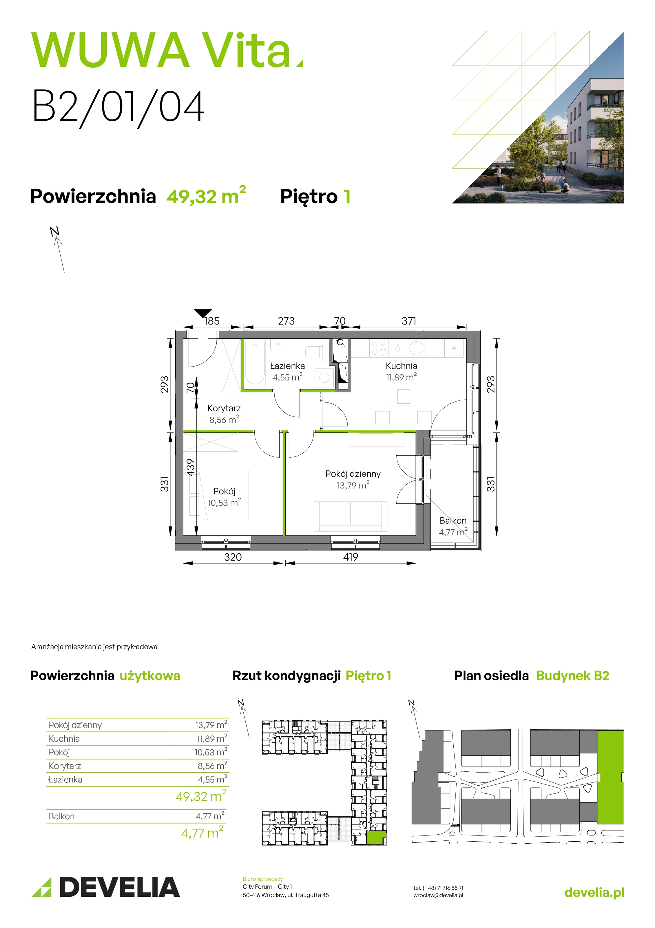 2 pokoje, mieszkanie 49,32 m², piętro 1, oferta nr B2/01/04, WUWA Vita II, Wrocław, Żerniki, Fabryczna, ul. T. Brzozy