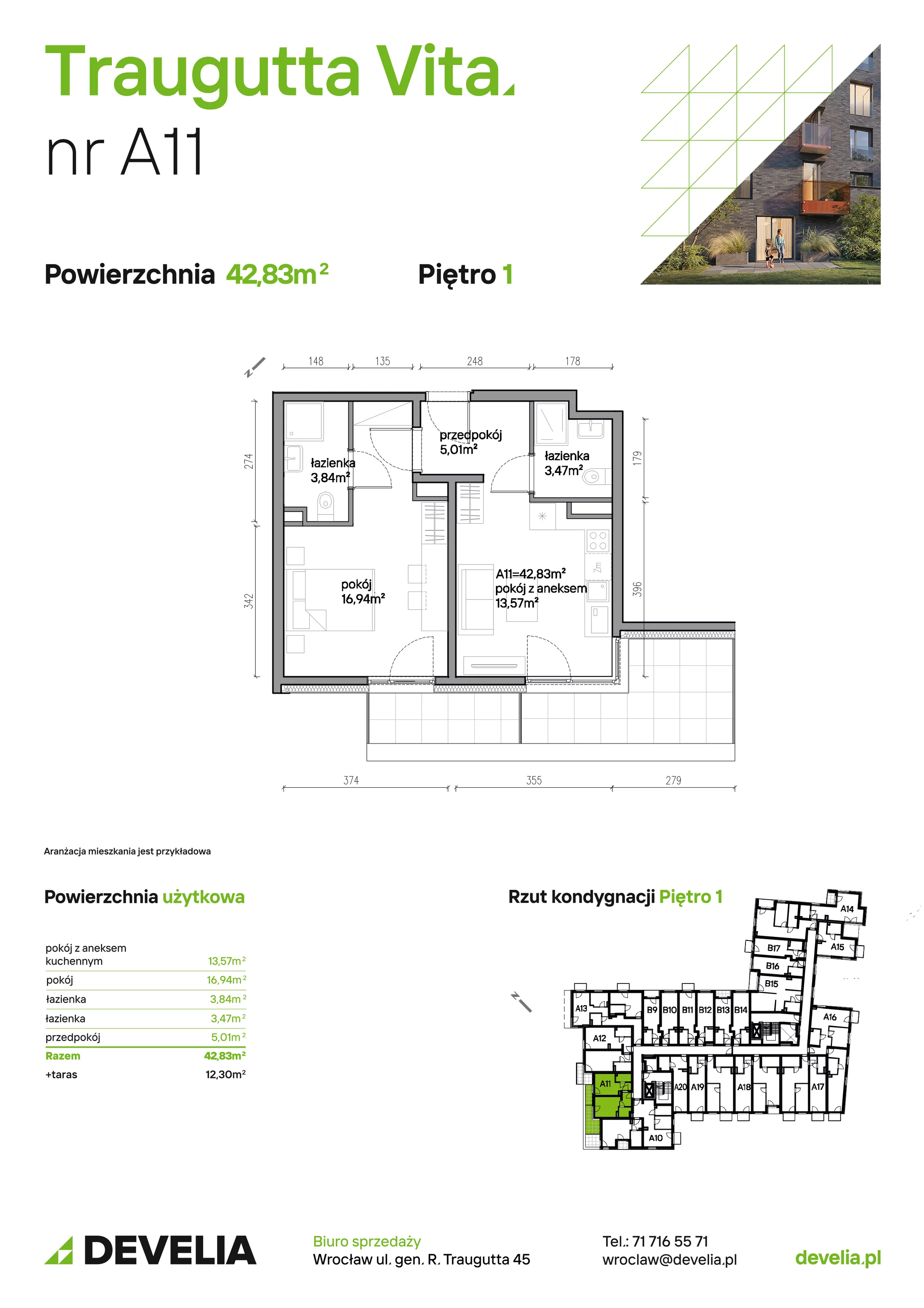 Mieszkanie 42,83 m², piętro 1, oferta nr A11, Traugutta Vita, Wrocław, Przedmieście Oławskie, ul. Generała Romualda Traugutta 103