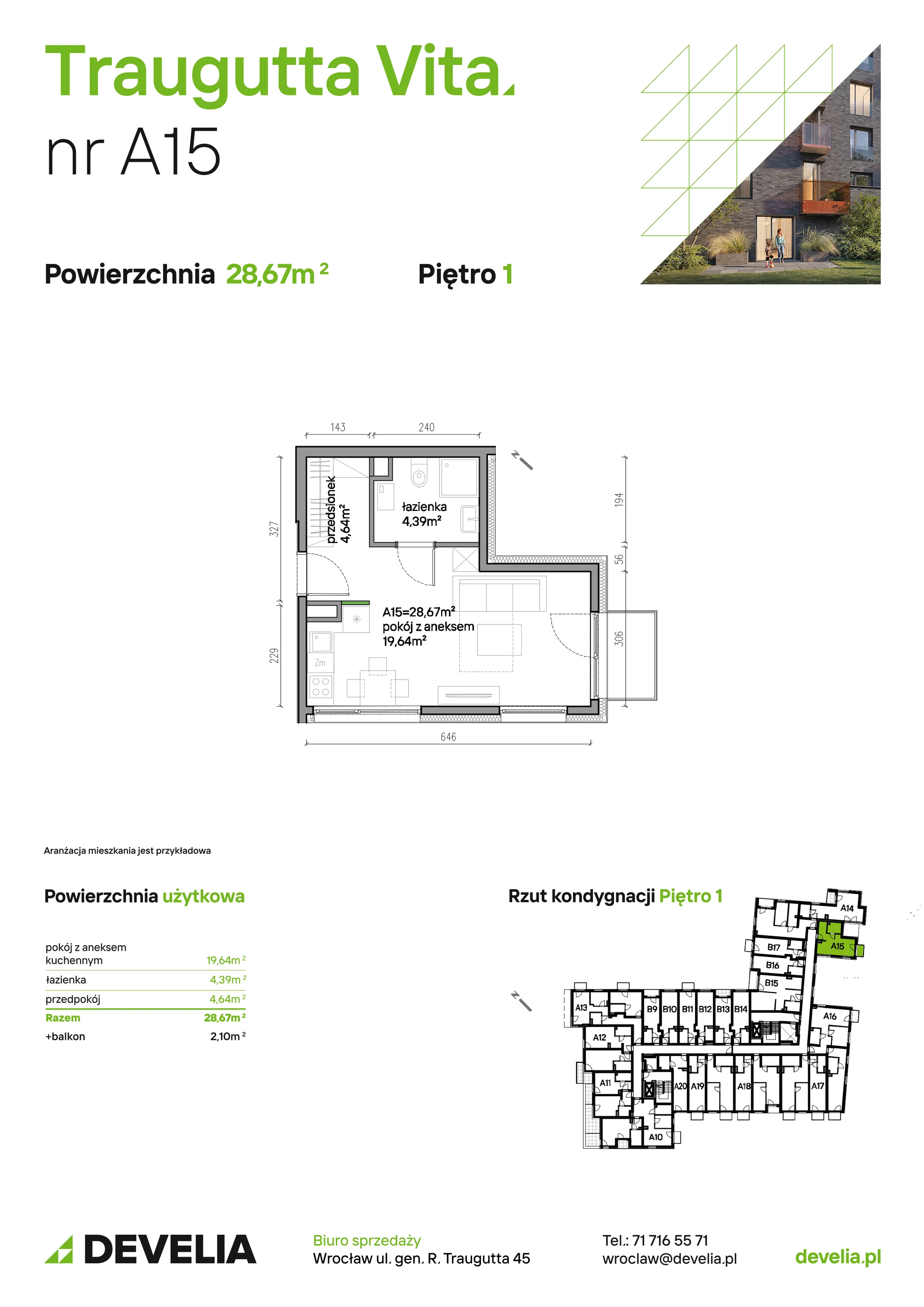 Mieszkanie 28,67 m², piętro 1, oferta nr A15, Traugutta Vita, Wrocław, Przedmieście Oławskie, ul. Generała Romualda Traugutta 103