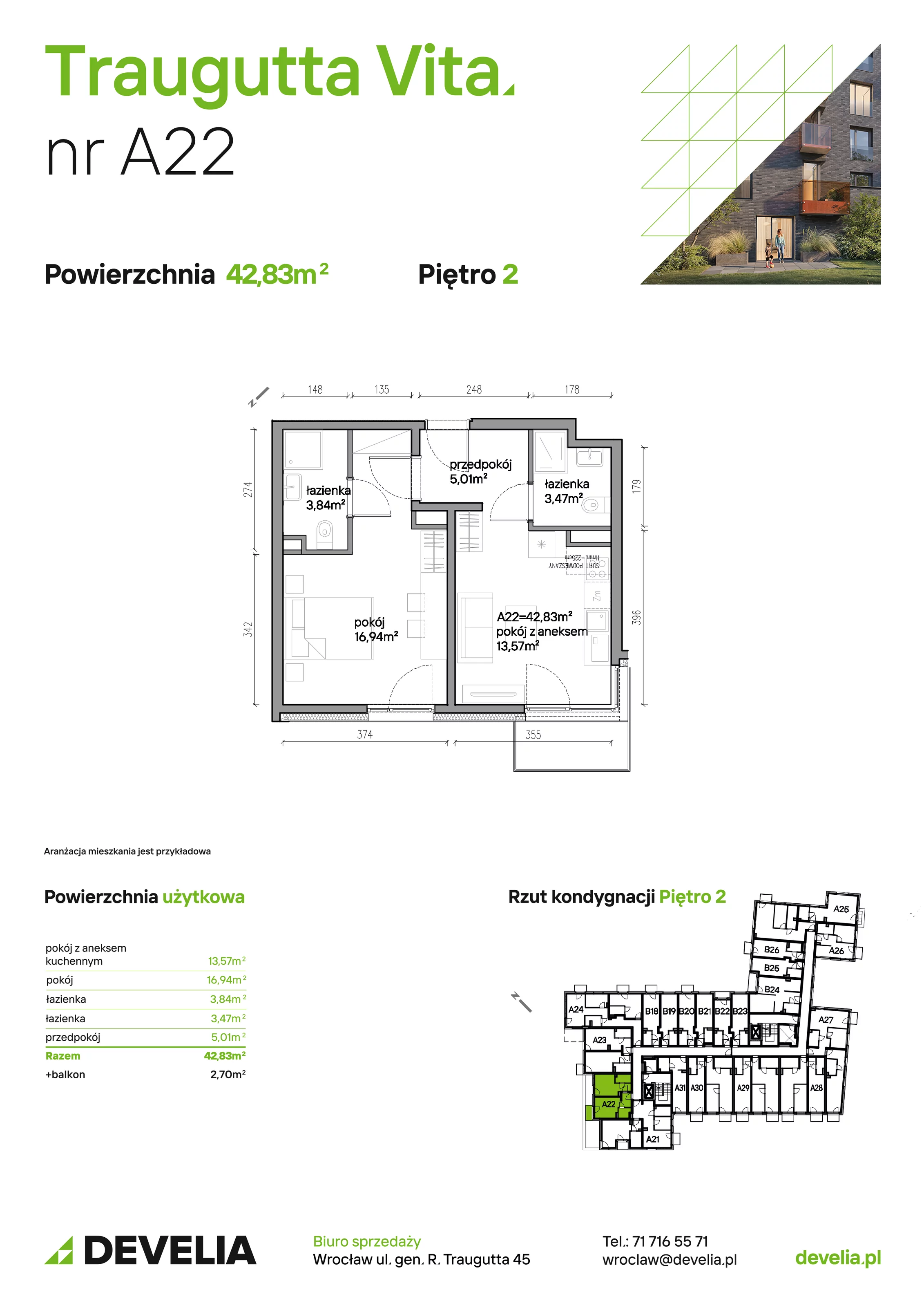 2 pokoje, mieszkanie 42,83 m², piętro 2, oferta nr A22, Traugutta Vita, Wrocław, Przedmieście Oławskie, ul. Generała Romualda Traugutta 103
