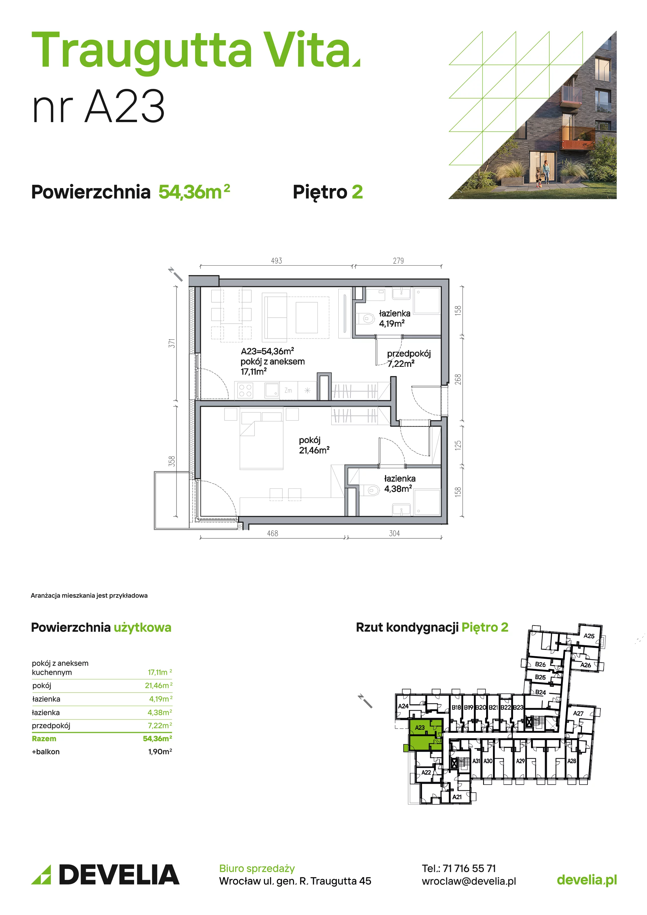 Mieszkanie 54,36 m², piętro 2, oferta nr A23, Traugutta Vita, Wrocław, Przedmieście Oławskie, ul. Generała Romualda Traugutta 103