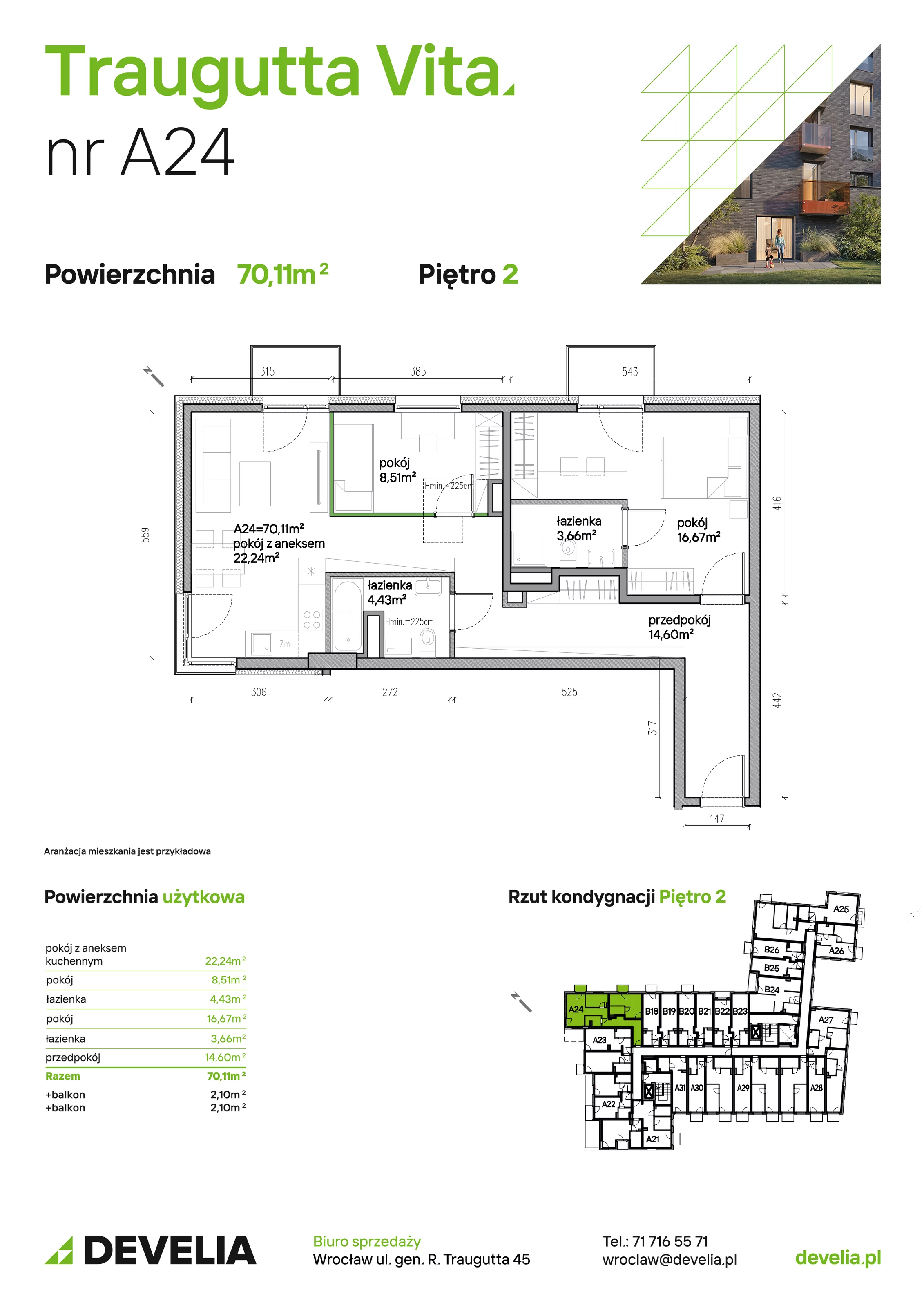 Mieszkanie 70,11 m², piętro 2, oferta nr A24, Traugutta Vita, Wrocław, Przedmieście Oławskie, ul. Generała Romualda Traugutta 103