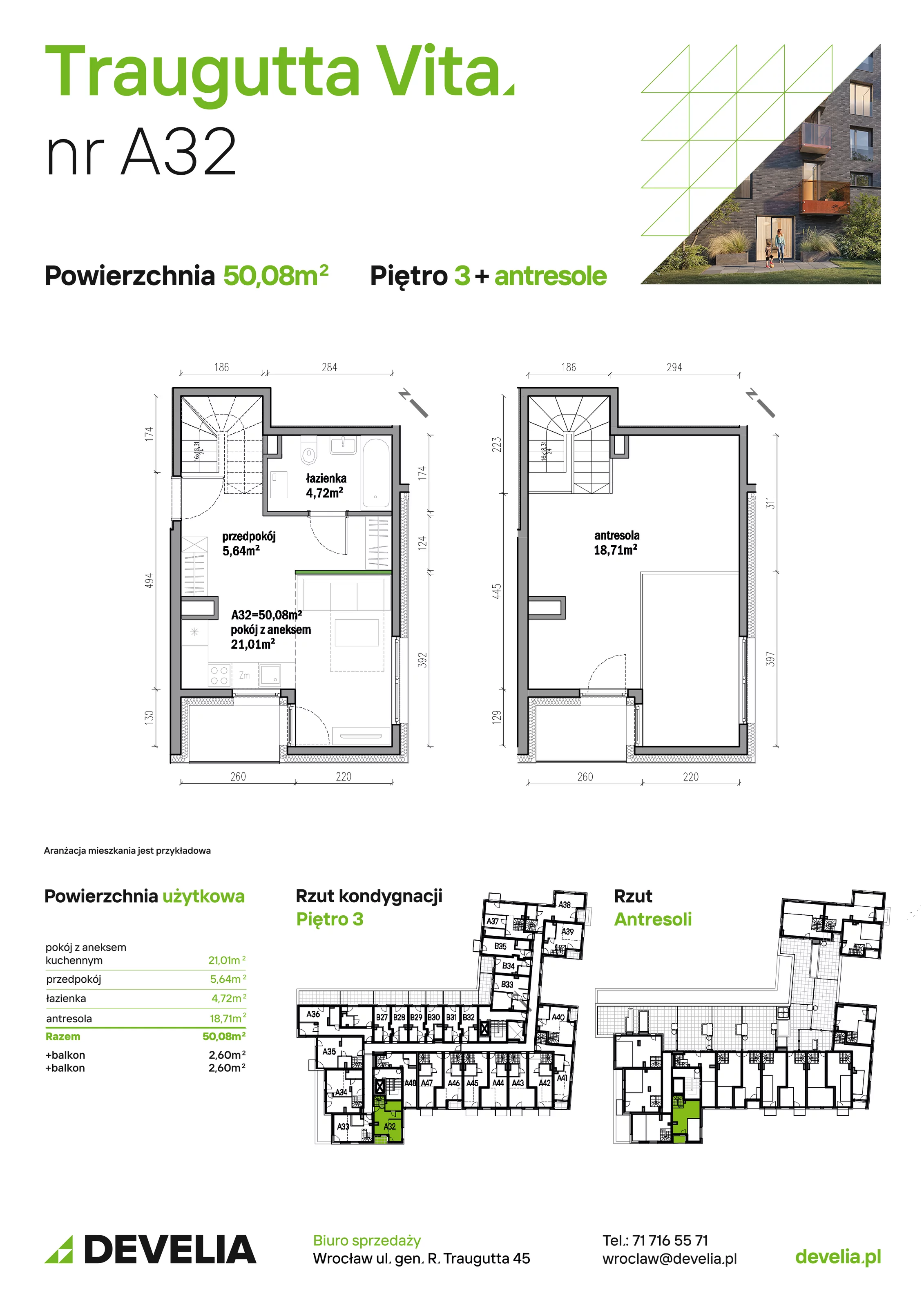 Mieszkanie 50,08 m², piętro 3, oferta nr A32, Traugutta Vita, Wrocław, Przedmieście Oławskie, ul. Generała Romualda Traugutta 103