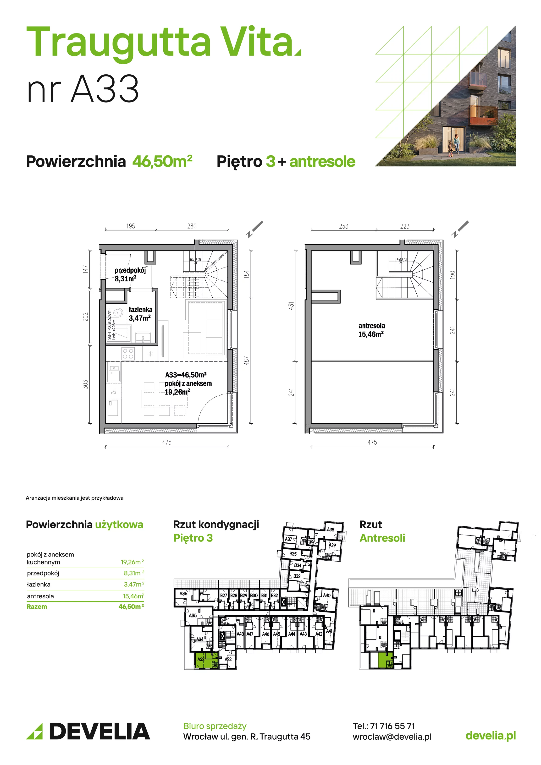 Mieszkanie 46,50 m², piętro 3, oferta nr A33, Traugutta Vita, Wrocław, Przedmieście Oławskie, ul. Generała Romualda Traugutta 103