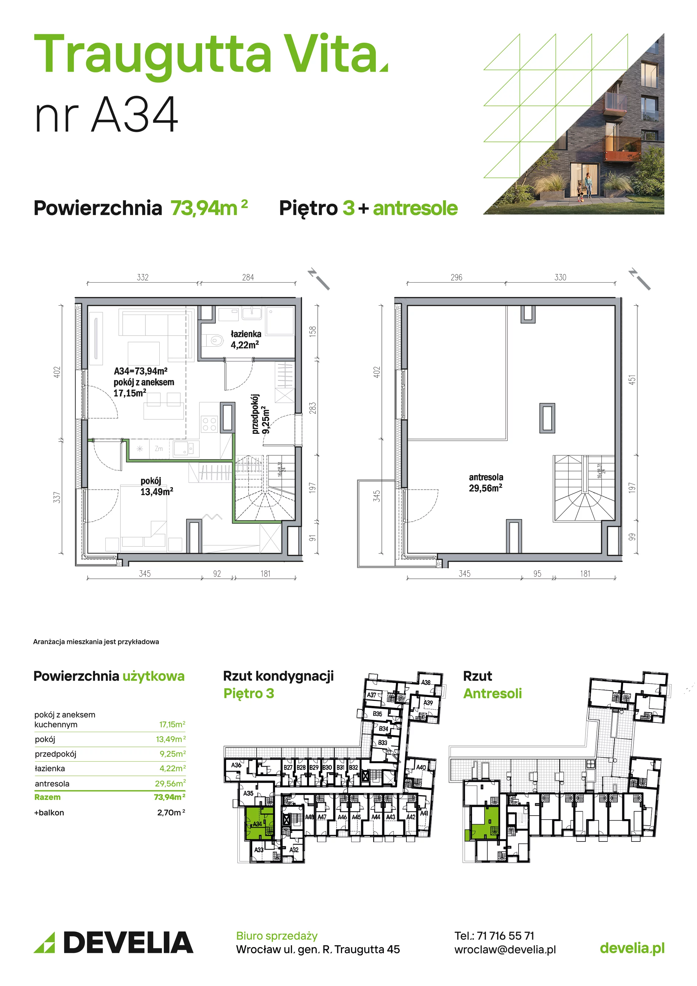 Mieszkanie 73,94 m², piętro 3, oferta nr A34, Traugutta Vita, Wrocław, Przedmieście Oławskie, ul. Generała Romualda Traugutta 103