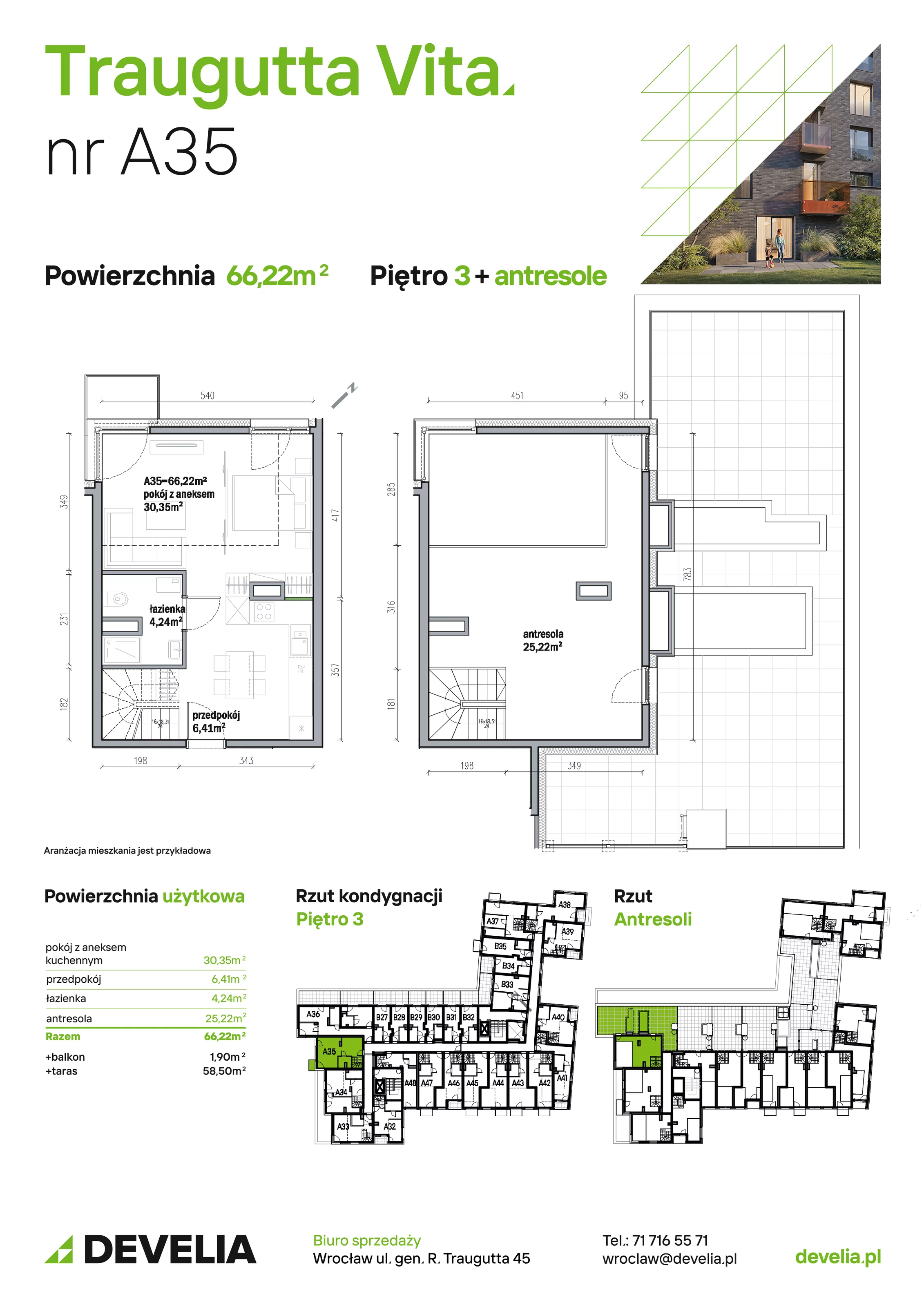 Mieszkanie 66,22 m², piętro 3, oferta nr A35, Traugutta Vita, Wrocław, Przedmieście Oławskie, ul. Generała Romualda Traugutta 103