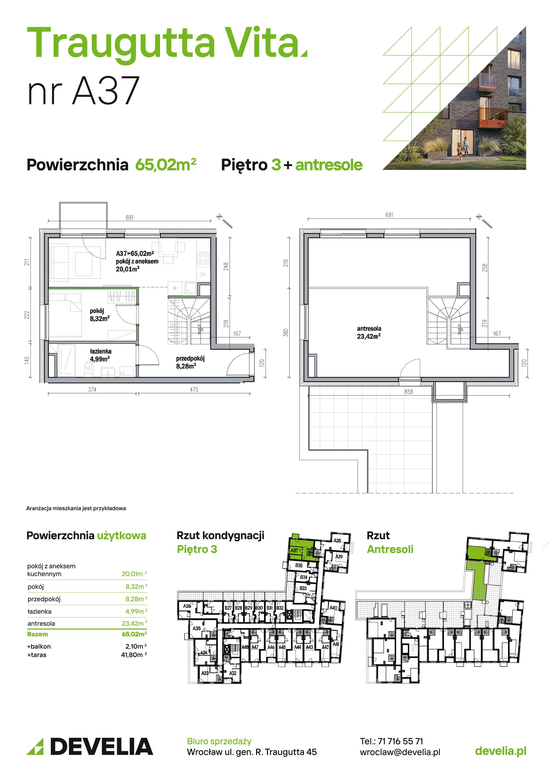 Mieszkanie 65,02 m², piętro 3, oferta nr A37, Traugutta Vita, Wrocław, Przedmieście Oławskie, ul. Generała Romualda Traugutta 103