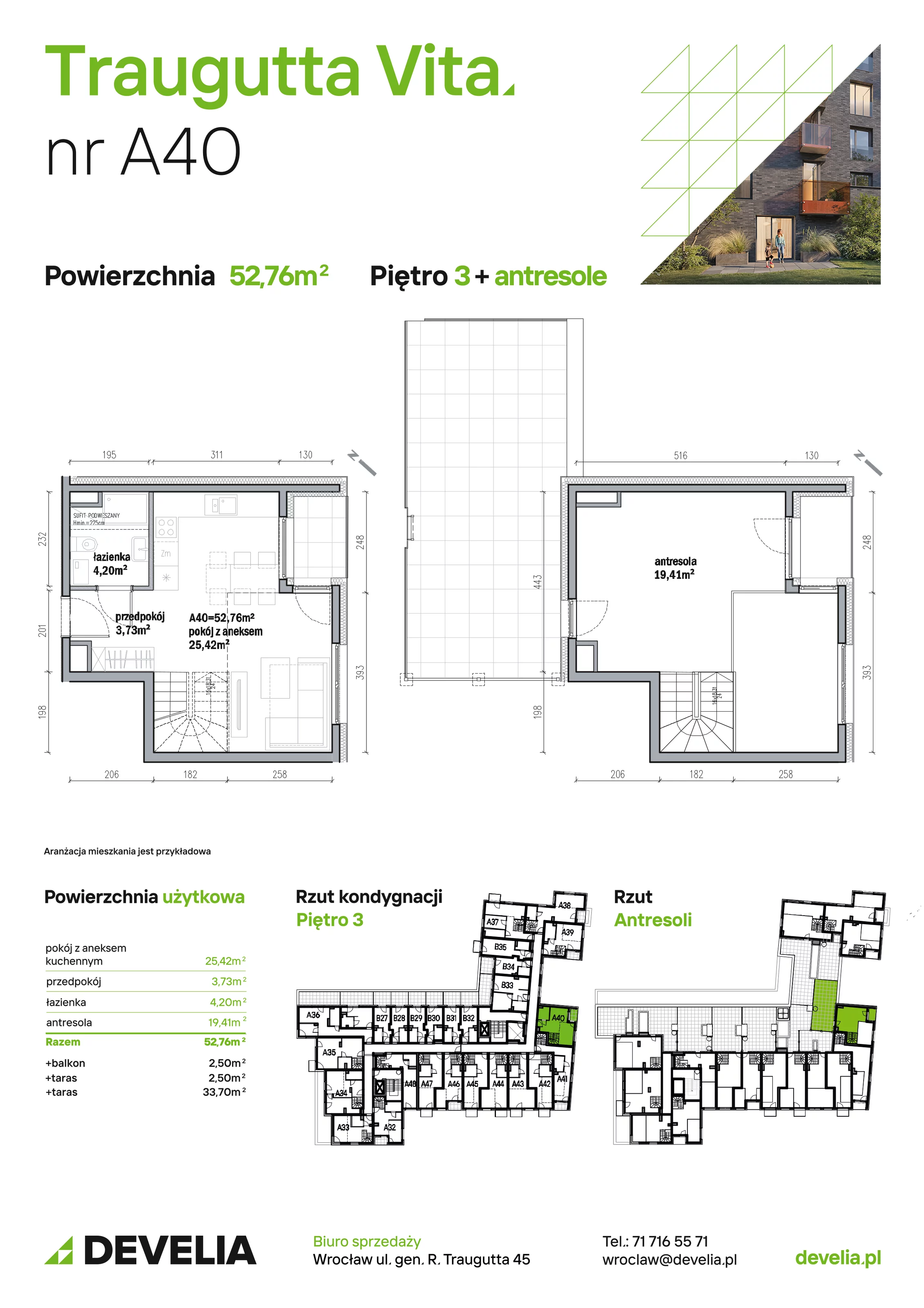 Mieszkanie 52,76 m², piętro 3, oferta nr A40, Traugutta Vita, Wrocław, Przedmieście Oławskie, ul. Generała Romualda Traugutta 103