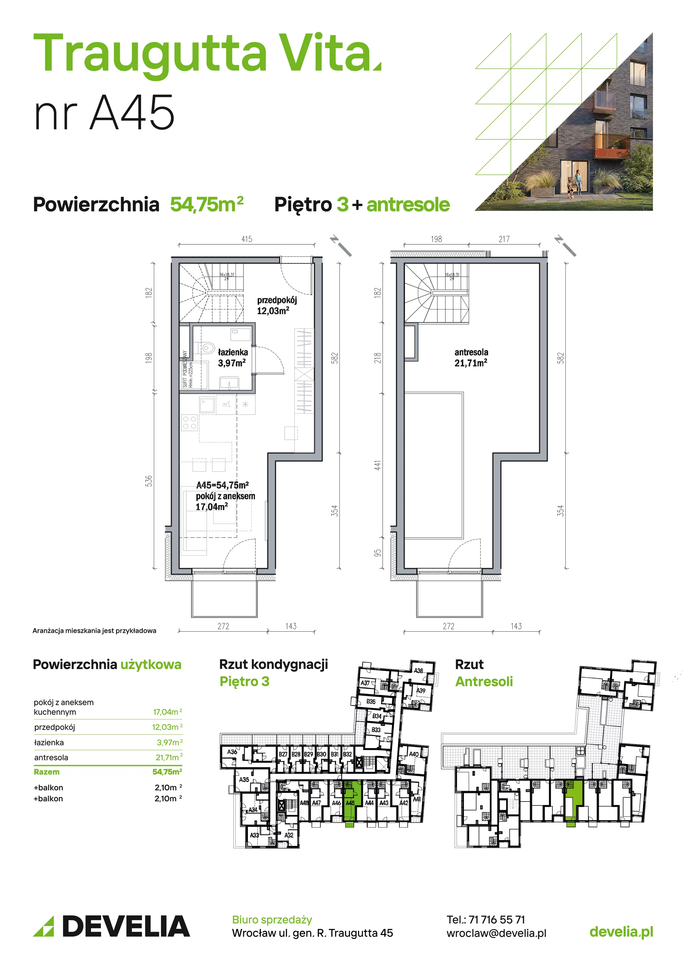 Mieszkanie 54,75 m², piętro 3, oferta nr A45, Traugutta Vita, Wrocław, Przedmieście Oławskie, ul. Generała Romualda Traugutta 103