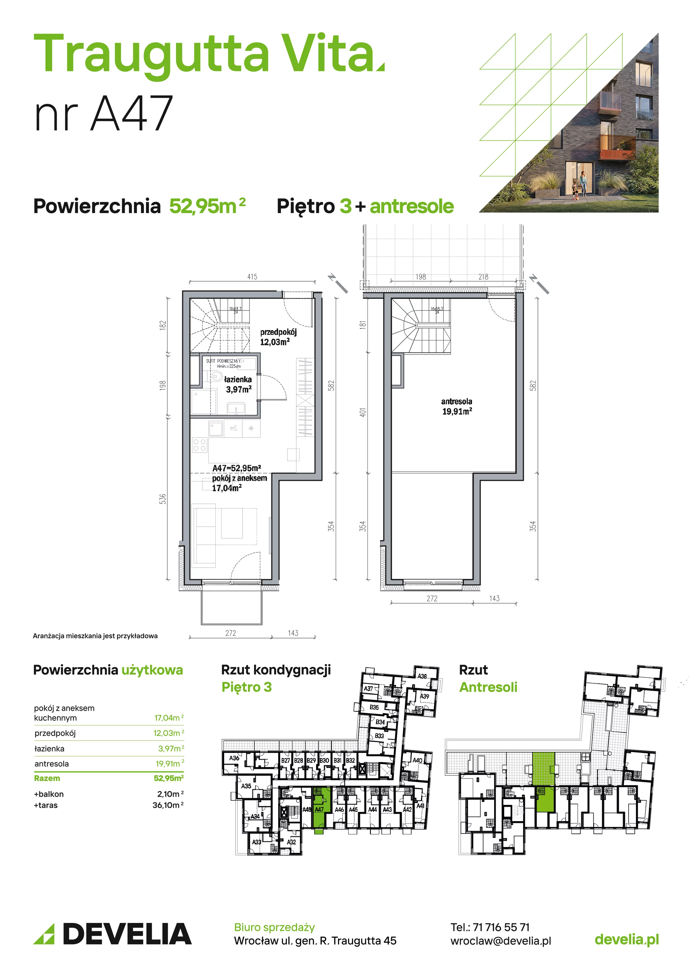 Mieszkanie 52,95 m², piętro 3, oferta nr A47, Traugutta Vita, Wrocław, Przedmieście Oławskie, ul. Generała Romualda Traugutta 103