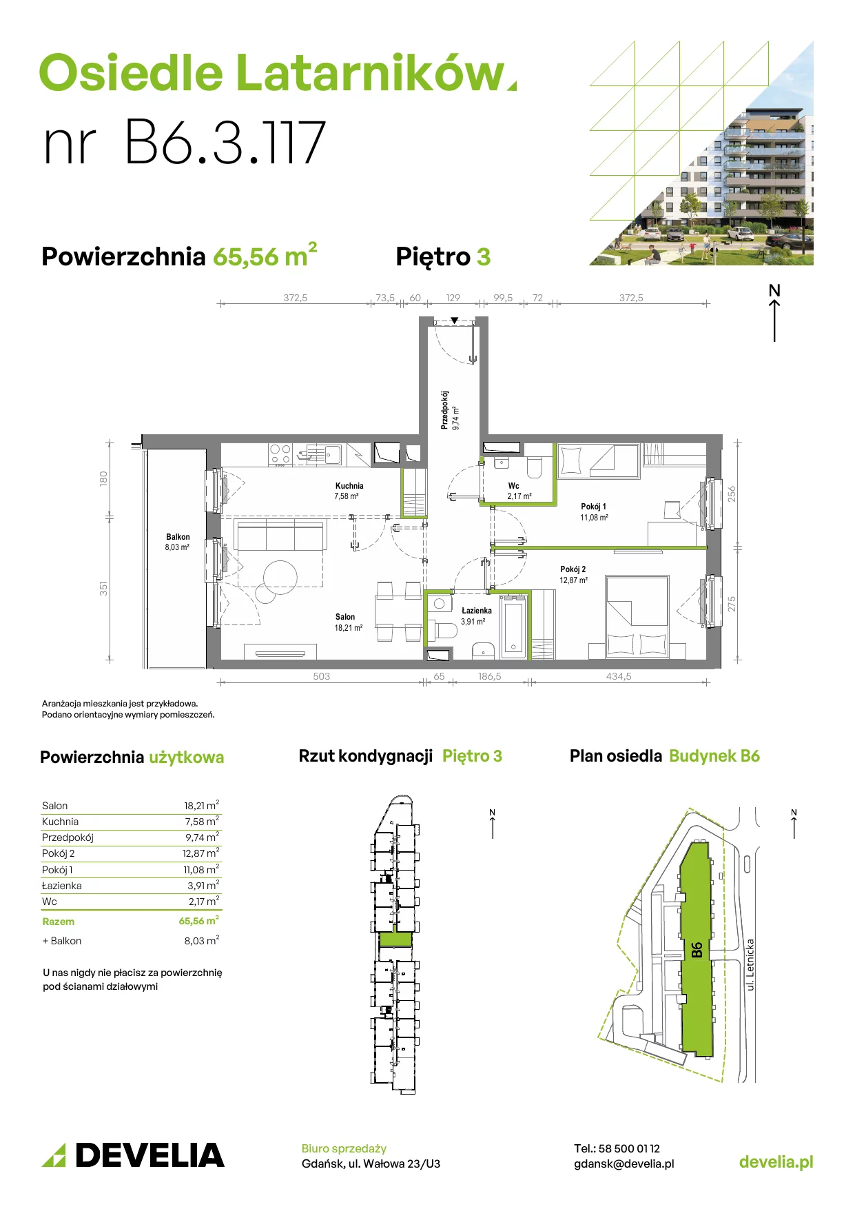 Mieszkanie 65,28 m², piętro 3, oferta nr B6.3.117, Osiedle Latarników, Gdańsk, Letnica, ul. Letnicka 1