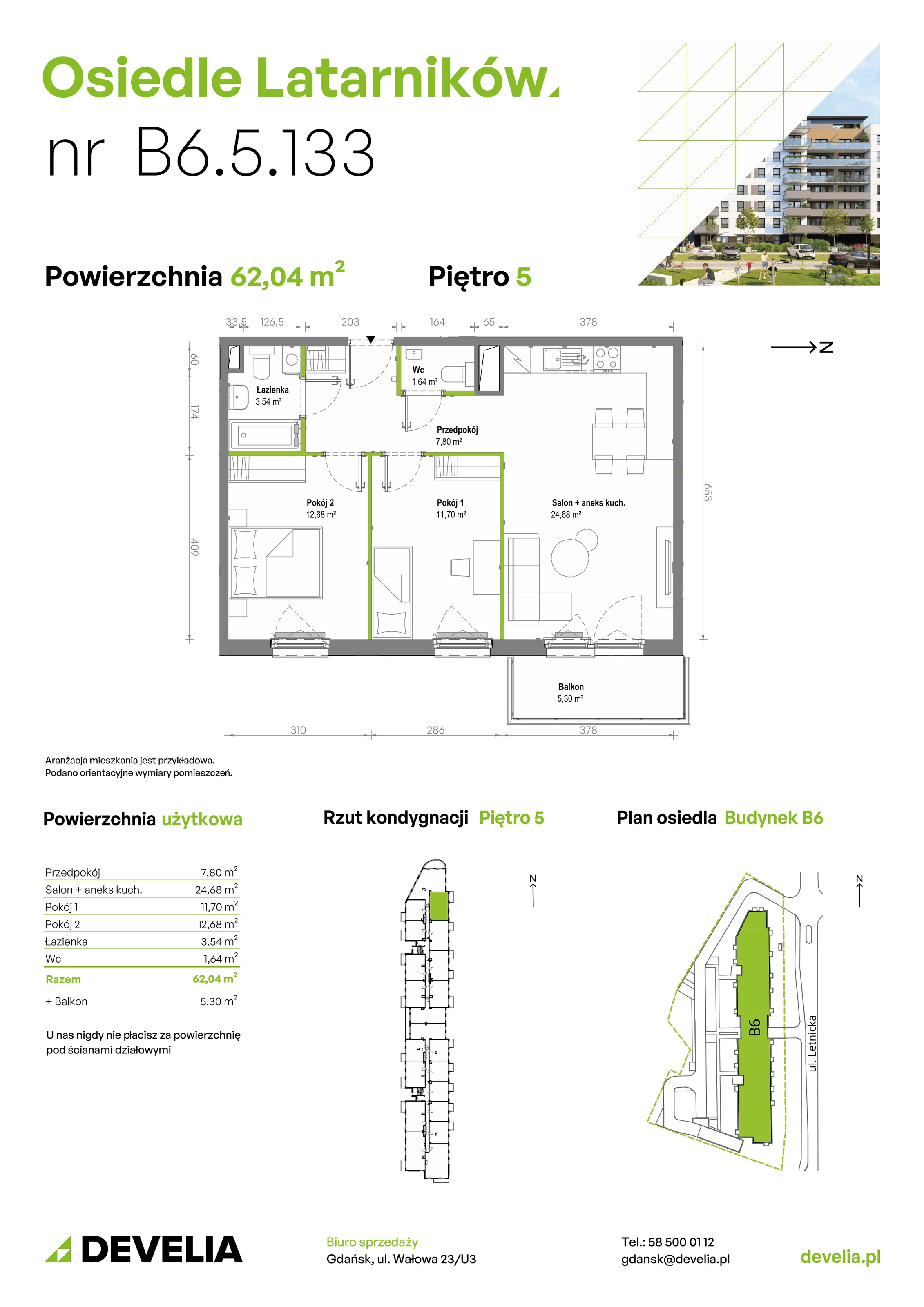 Mieszkanie 62,03 m², piętro 5, oferta nr B6.5.133, Osiedle Latarników, Gdańsk, Letnica, ul. Letnicka 1