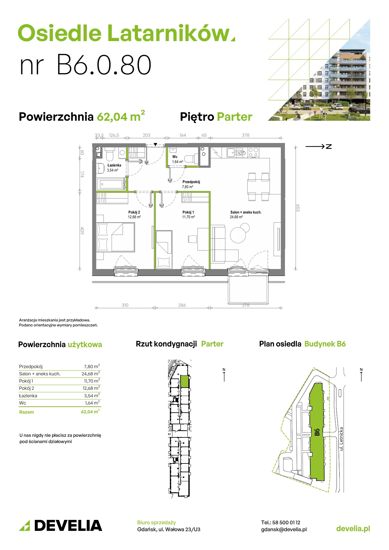 Mieszkanie 61,83 m², parter, oferta nr B6.0.080, Osiedle Latarników, Gdańsk, Letnica, ul. Letnicka 1