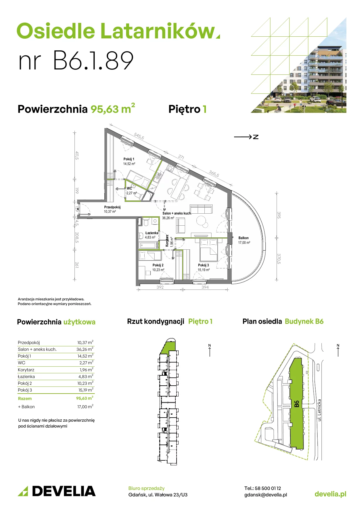 Mieszkanie 95,37 m², piętro 1, oferta nr B6.1.089, Osiedle Latarników, Gdańsk, Letnica, ul. Letnicka 1