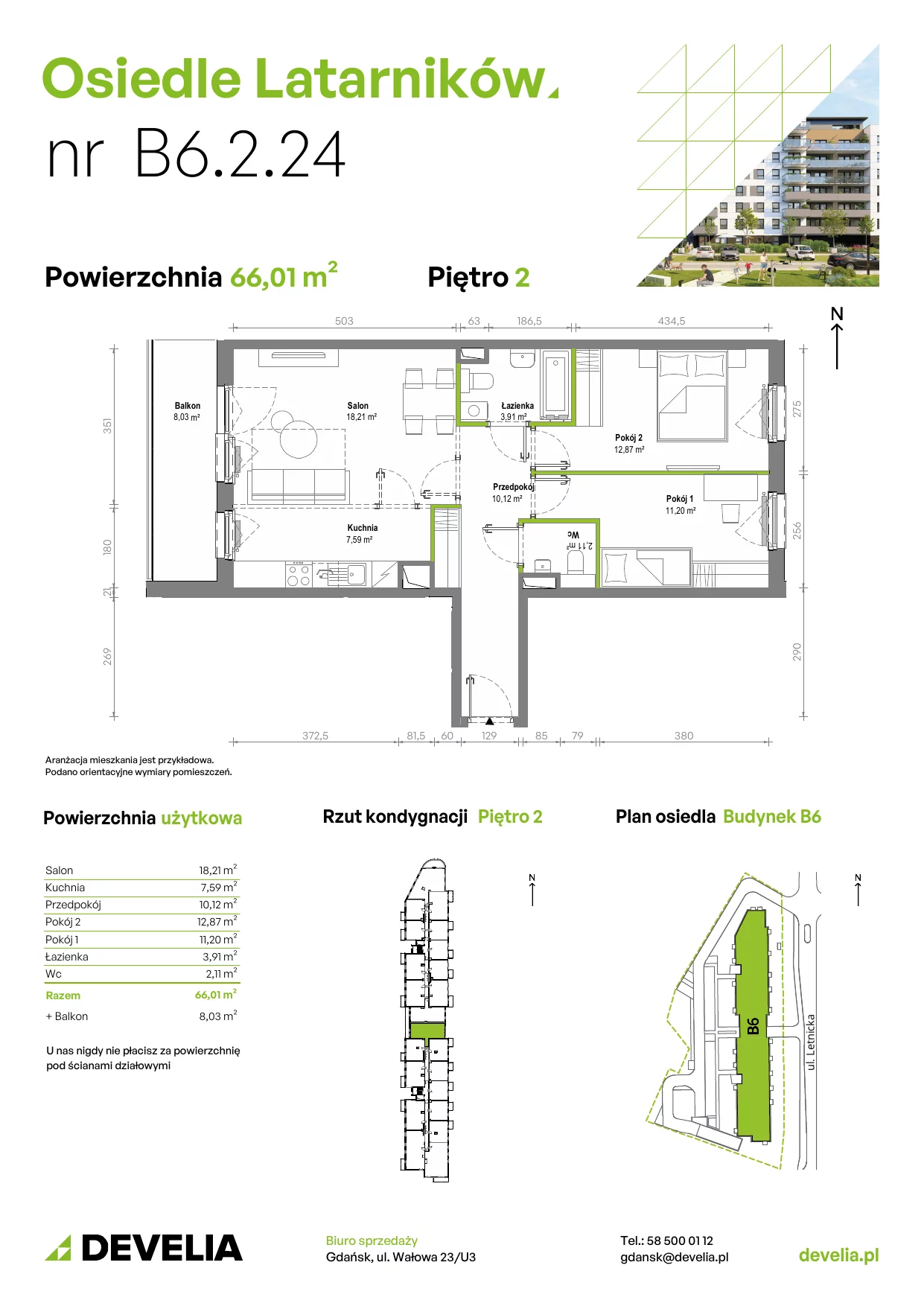 Mieszkanie 65,87 m², piętro 2, oferta nr B6.2.024, Osiedle Latarników, Gdańsk, Letnica, ul. Letnicka 1
