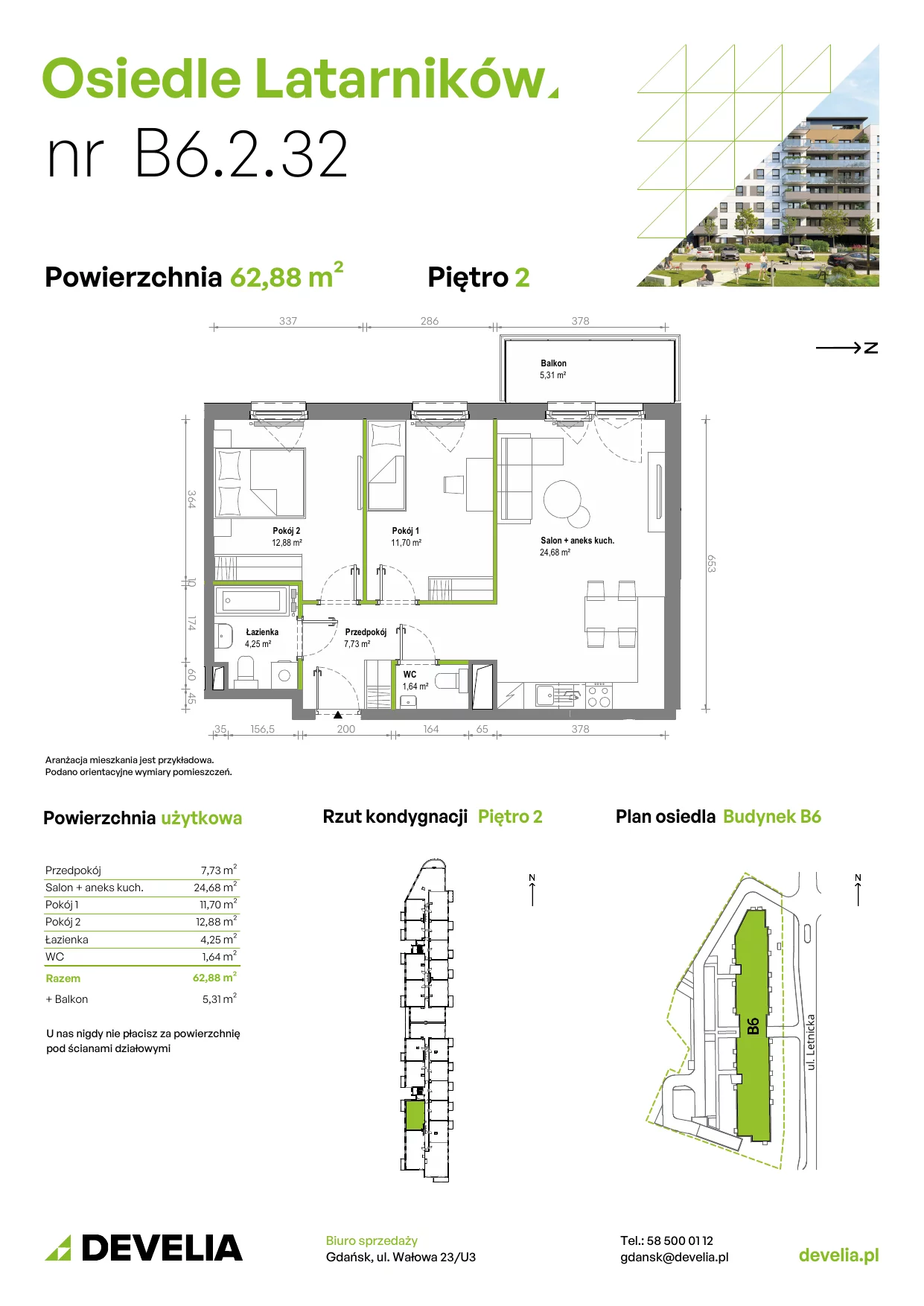Mieszkanie 62,79 m², piętro 2, oferta nr B6.2.032, Osiedle Latarników, Gdańsk, Letnica, ul. Letnicka 1