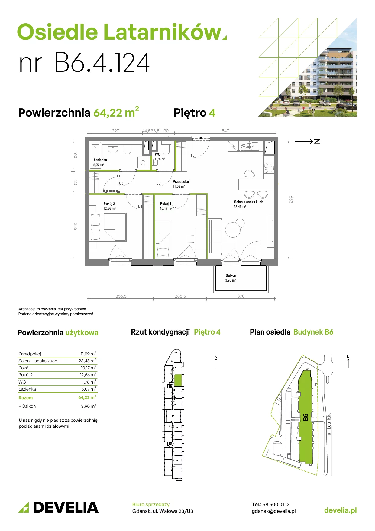 Mieszkanie 64,20 m², piętro 4, oferta nr B6.4.124, Osiedle Latarników, Gdańsk, Letnica, ul. Letnicka 1