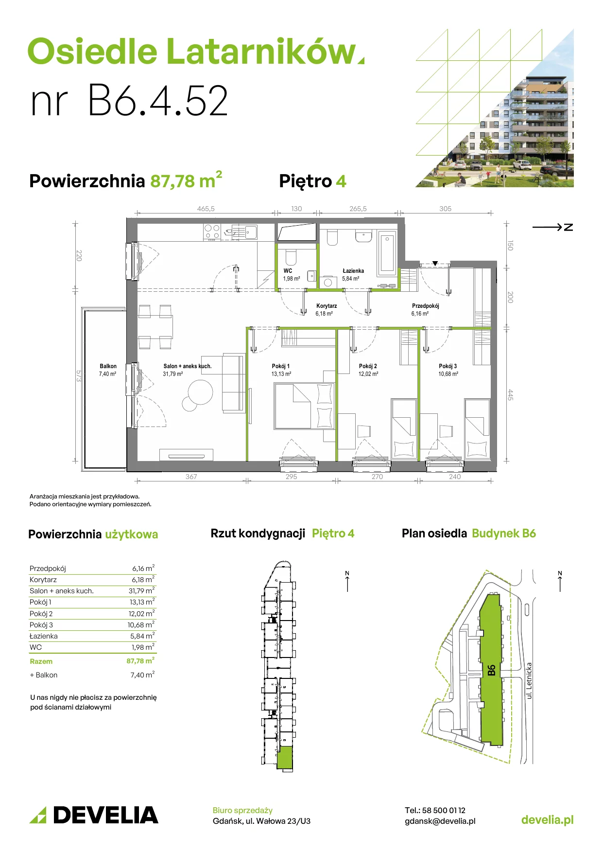 Mieszkanie 87,66 m², piętro 4, oferta nr B6.4.052, Osiedle Latarników, Gdańsk, Letnica, ul. Letnicka 1
