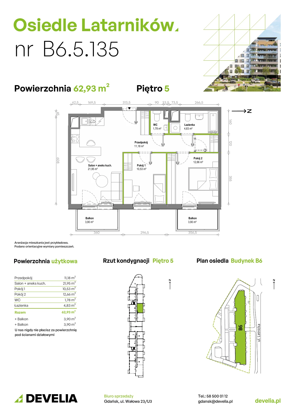 Mieszkanie 62,87 m², piętro 5, oferta nr B6.5.135, Osiedle Latarników, Gdańsk, Letnica, ul. Letnicka 1