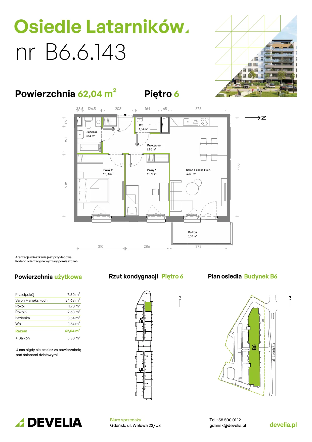 Mieszkanie 61,96 m², piętro 6, oferta nr B6.6.143, Osiedle Latarników, Gdańsk, Letnica, ul. Letnicka 1
