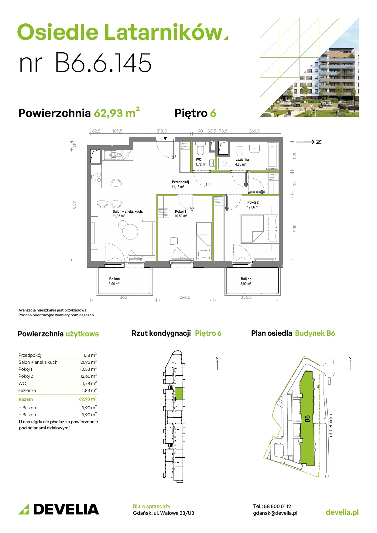 Mieszkanie 62,84 m², piętro 6, oferta nr B6.6.145, Osiedle Latarników, Gdańsk, Letnica, ul. Letnicka 1