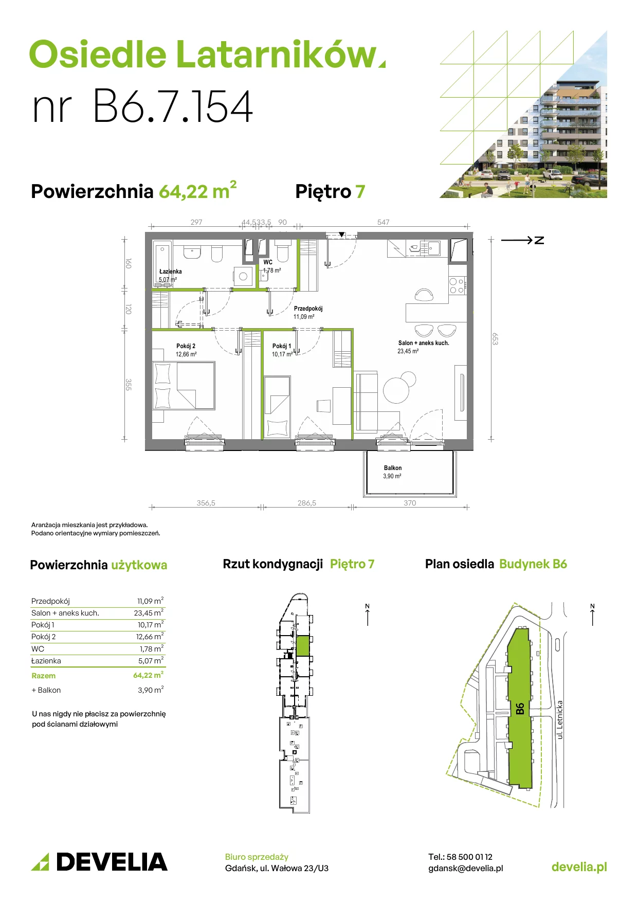 Mieszkanie 64,10 m², piętro 7, oferta nr B6.7.154, Osiedle Latarników, Gdańsk, Letnica, ul. Letnicka 1