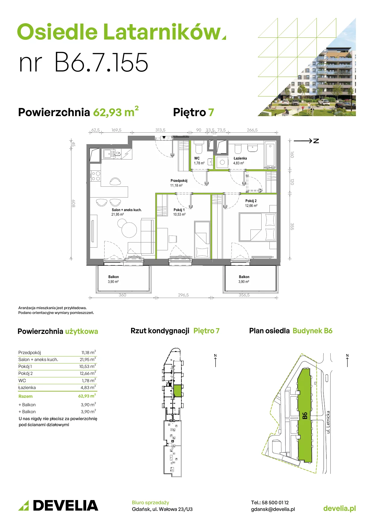 Mieszkanie 62,89 m², piętro 7, oferta nr B6.7.155, Osiedle Latarników, Gdańsk, Letnica, ul. Letnicka 1