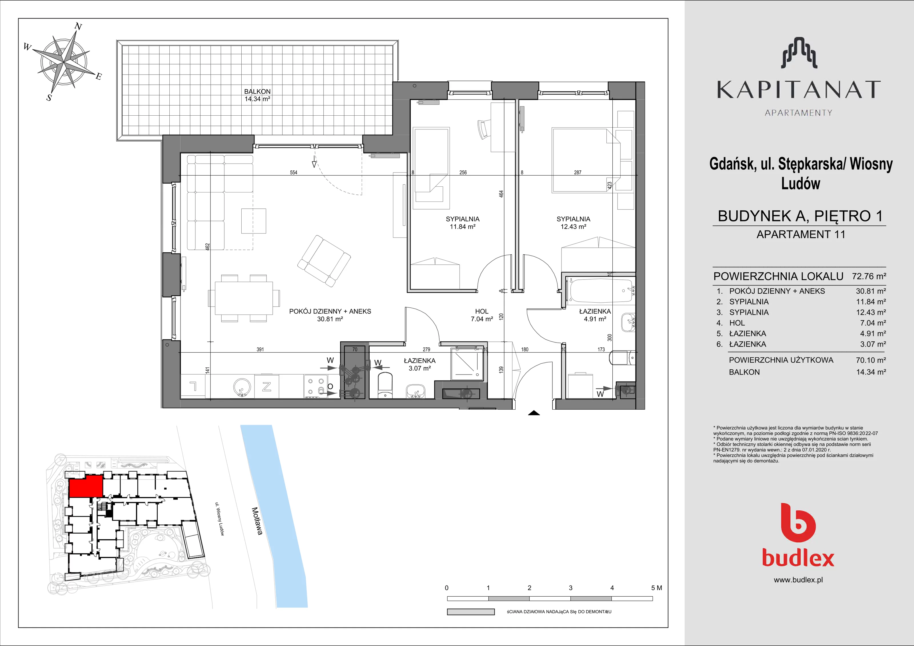 3 pokoje, apartament 72,76 m², piętro 1, oferta nr A.11, Apartamenty Kapitanat, Gdańsk, Śródmieście, ul. Stępkarska / Wiosny Ludów