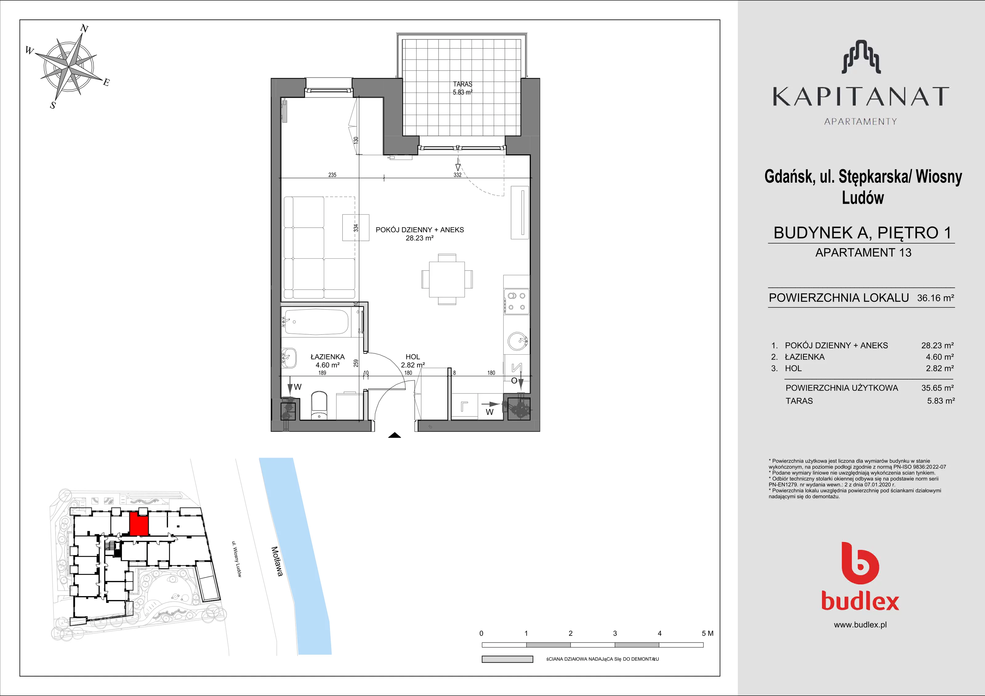 1 pokój, mieszkanie 36,16 m², piętro 1, oferta nr A.13, Apartamenty Kapitanat bud. A, Gdańsk, Śródmieście, ul. Stępkarska / Wiosny Ludów