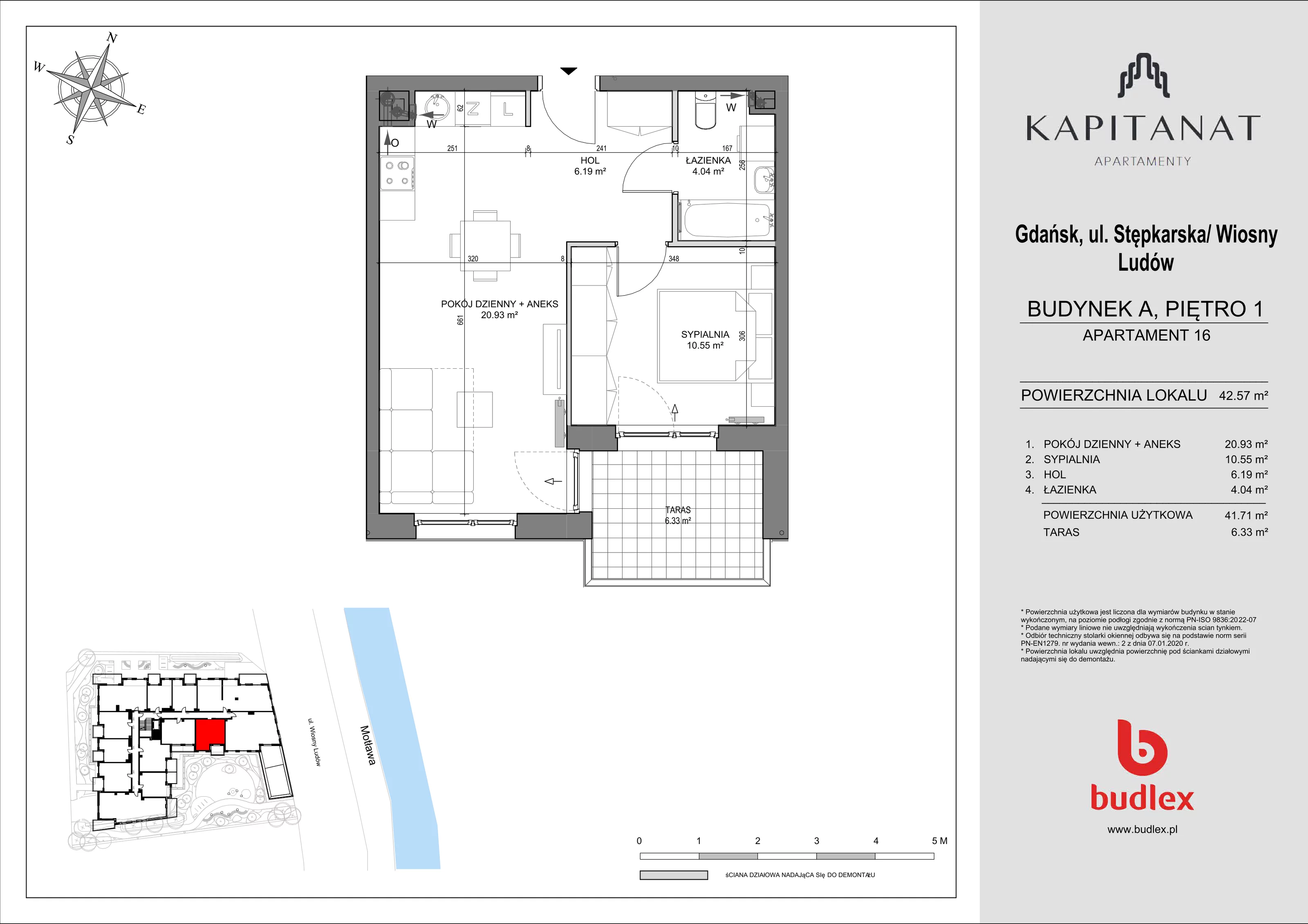 2 pokoje, apartament 42,57 m², piętro 1, oferta nr A.16, Apartamenty Kapitanat bud. A, Gdańsk, Śródmieście, ul. Stępkarska / Wiosny Ludów