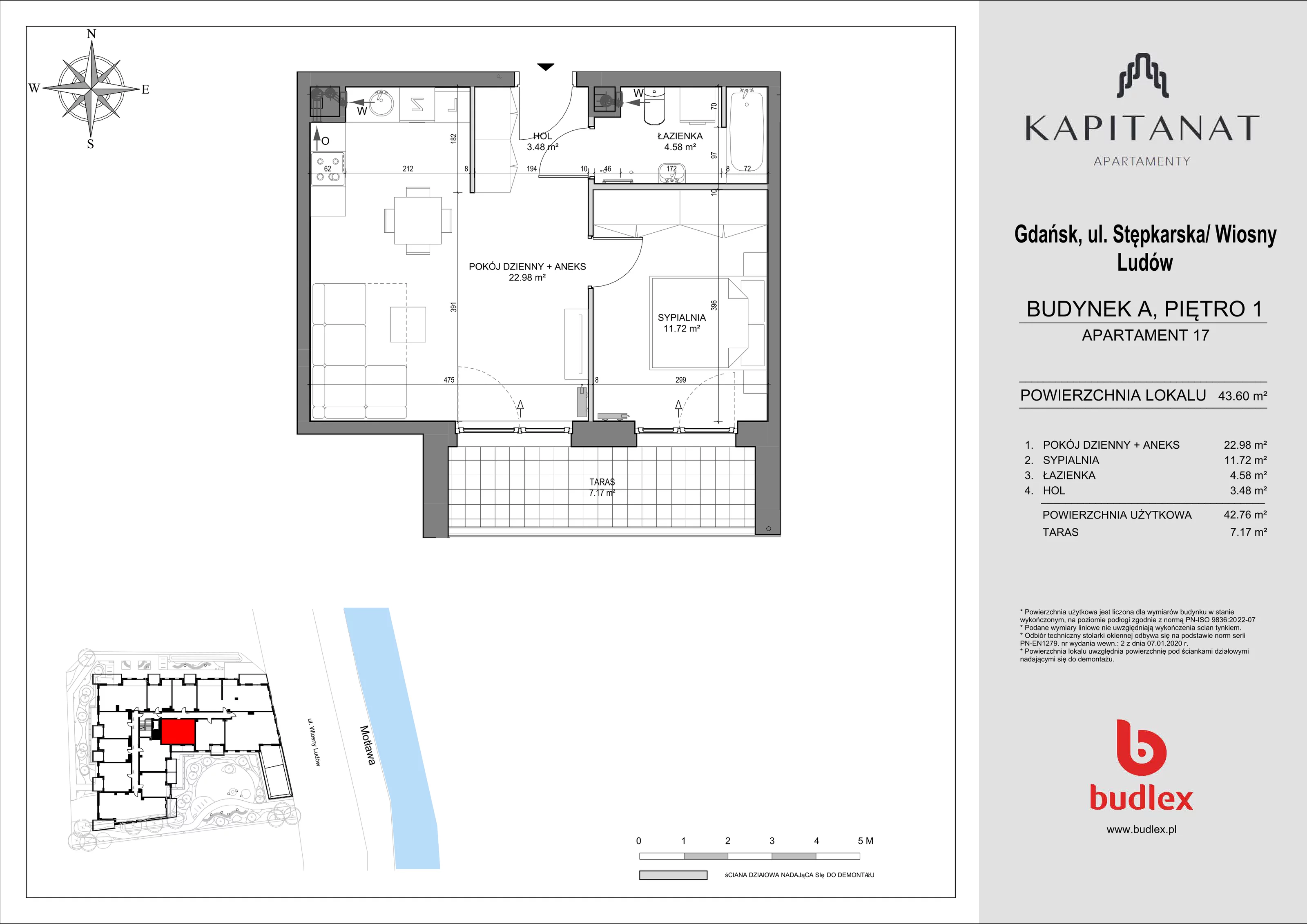 2 pokoje, mieszkanie 43,60 m², piętro 1, oferta nr A.17, Apartamenty Kapitanat bud. A, Gdańsk, Śródmieście, ul. Stępkarska / Wiosny Ludów