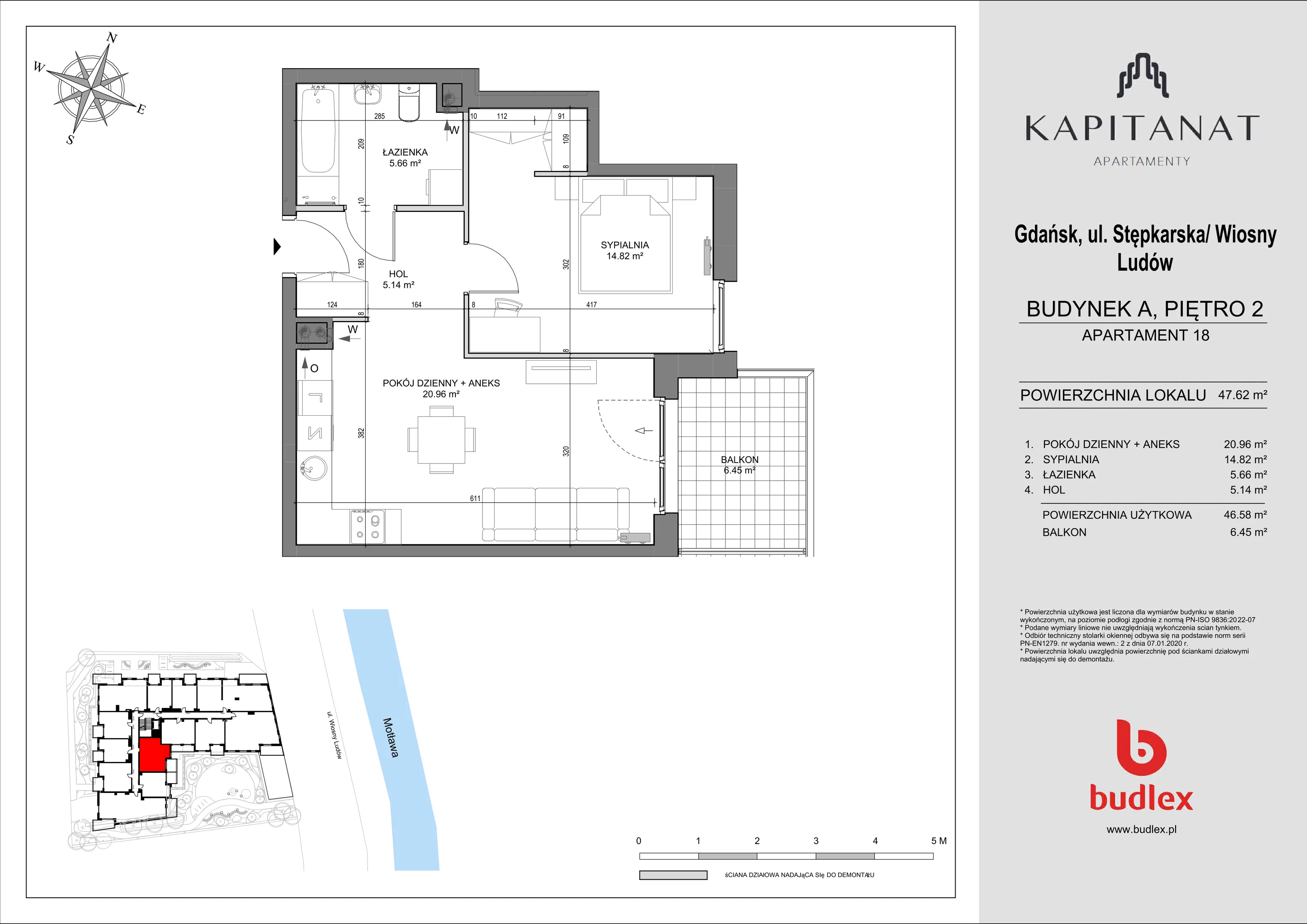2 pokoje, mieszkanie 47,62 m², piętro 2, oferta nr A.18, Apartamenty Kapitanat bud. A, Gdańsk, Śródmieście, ul. Stępkarska / Wiosny Ludów