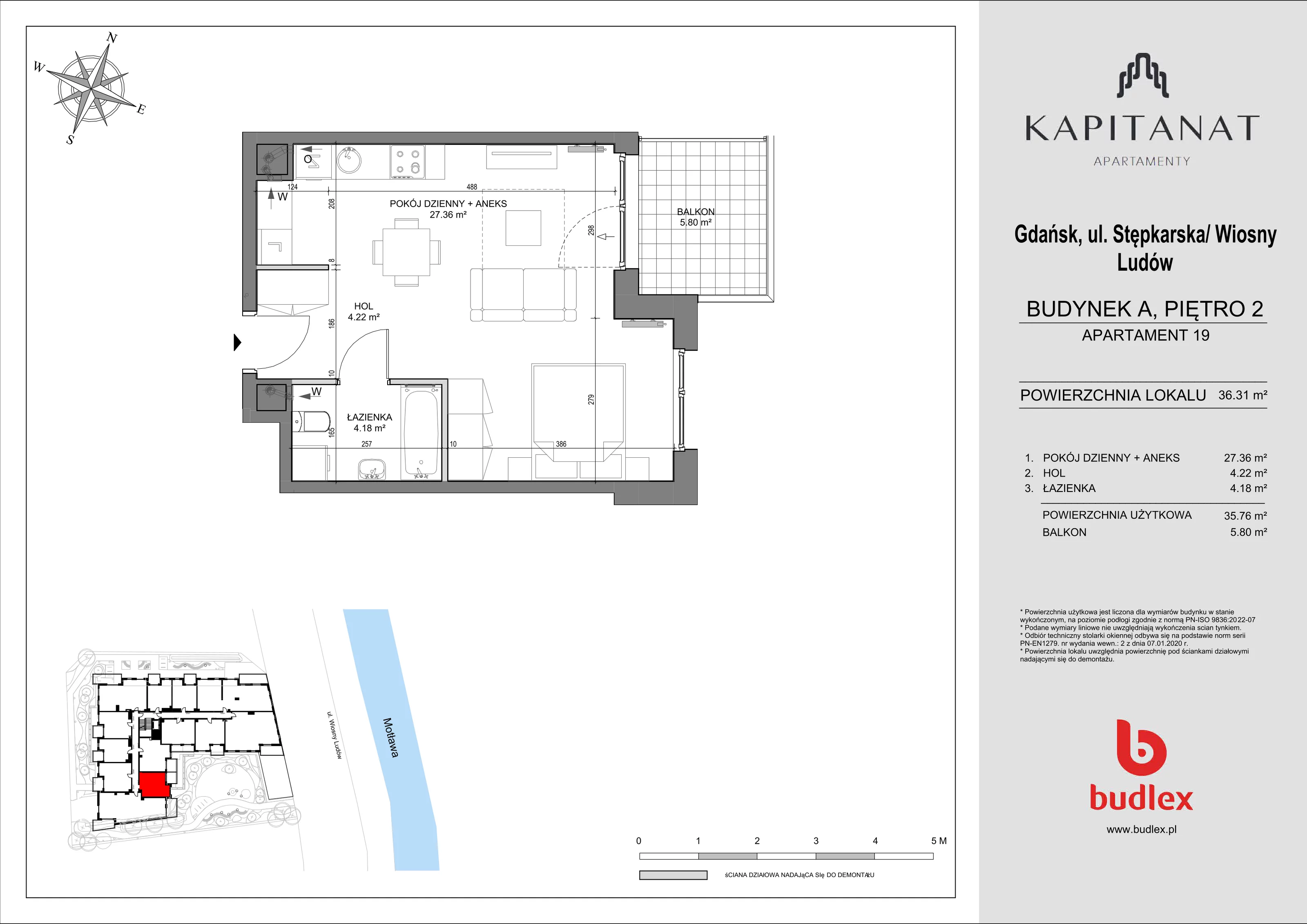 1 pokój, mieszkanie 36,31 m², piętro 2, oferta nr A.19, Apartamenty Kapitanat bud. A, Gdańsk, Śródmieście, ul. Stępkarska / Wiosny Ludów