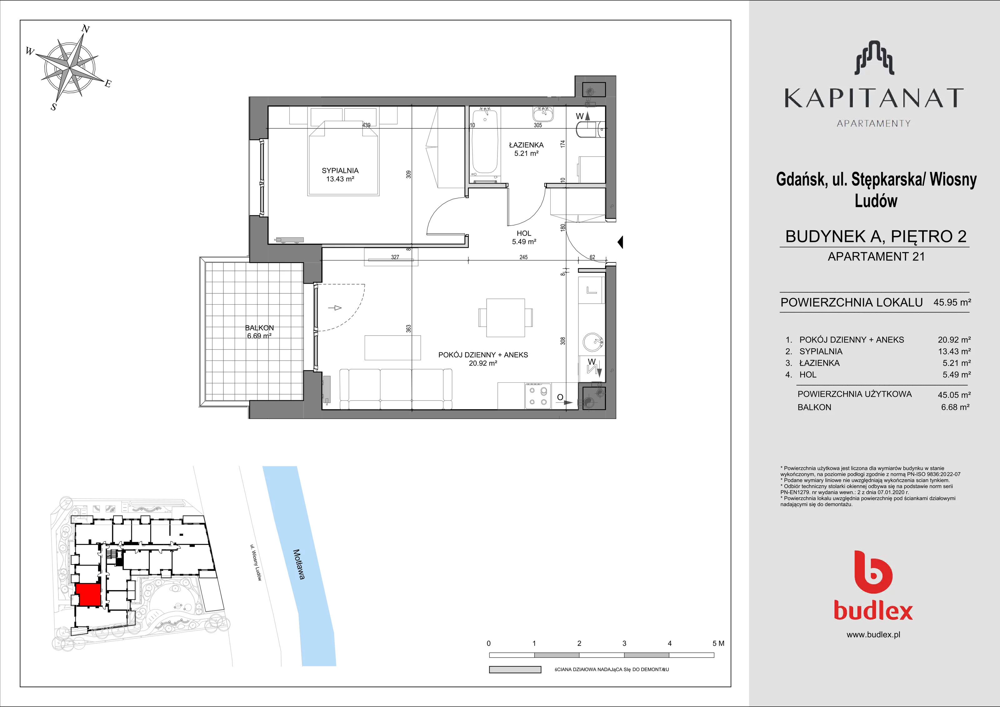 2 pokoje, apartament 45,95 m², piętro 2, oferta nr A.21, Apartamenty Kapitanat bud. A, Gdańsk, Śródmieście, ul. Stępkarska / Wiosny Ludów